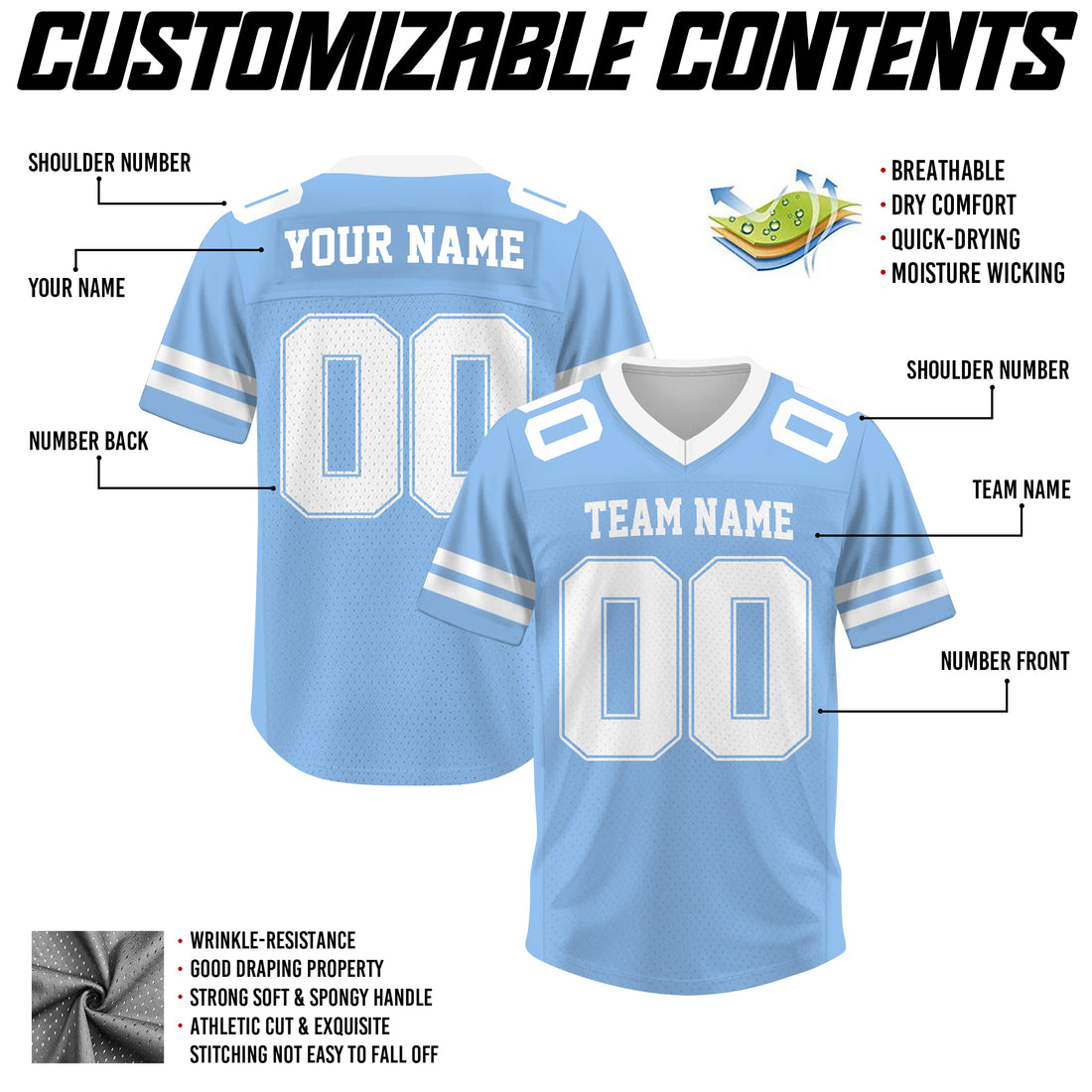 Custom Light Blue White Football Jersey, Personalized Football Apparel
