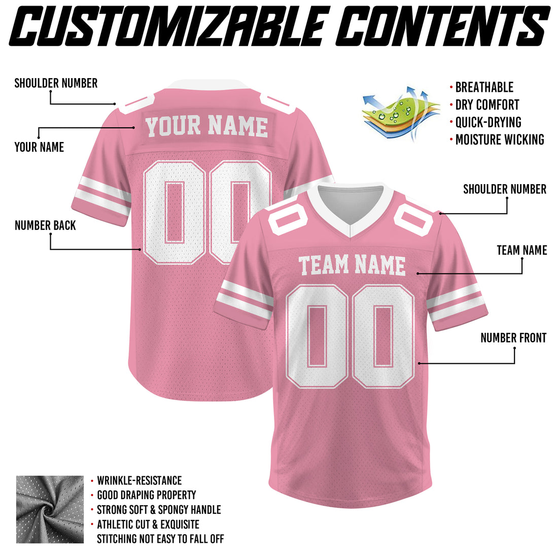 Custom Light Pink Football Jersey, Personalized Name Number Logo for Men Women