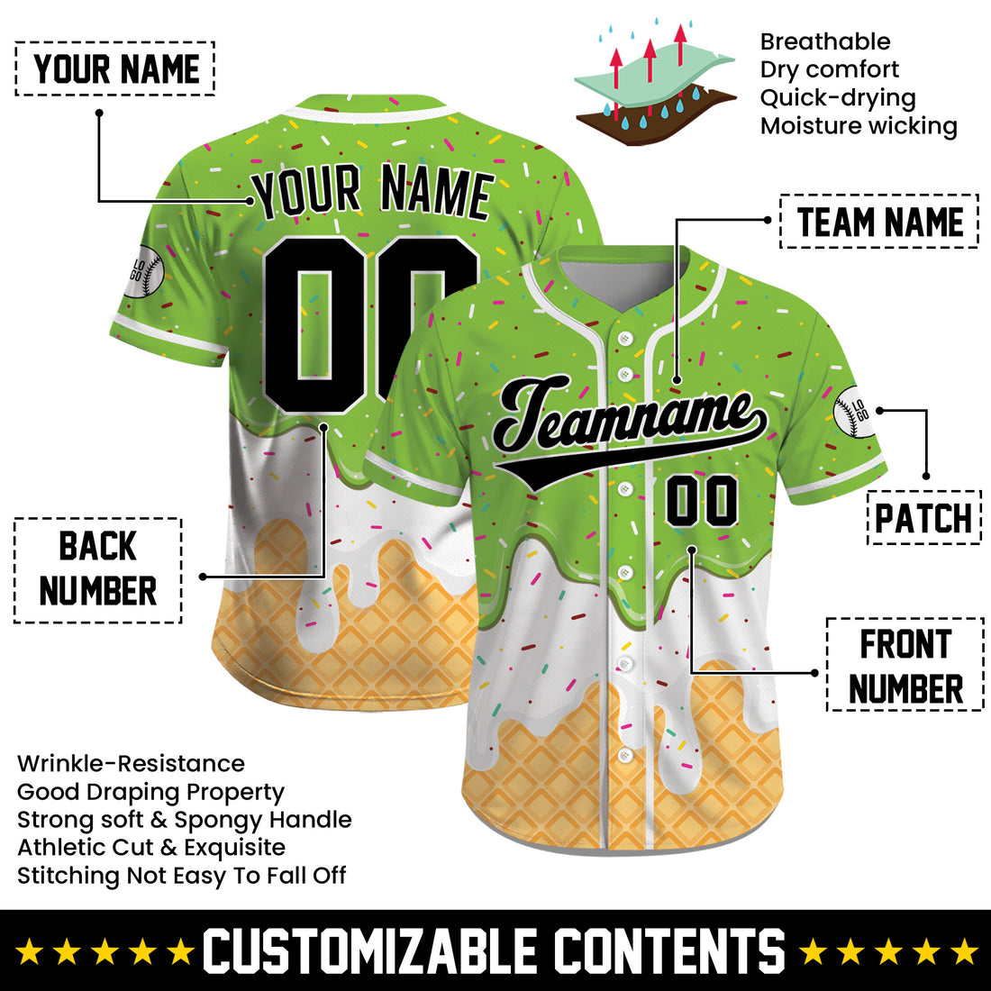 Custom Lime Green Black Ice Cream Drip Baseball Jersey