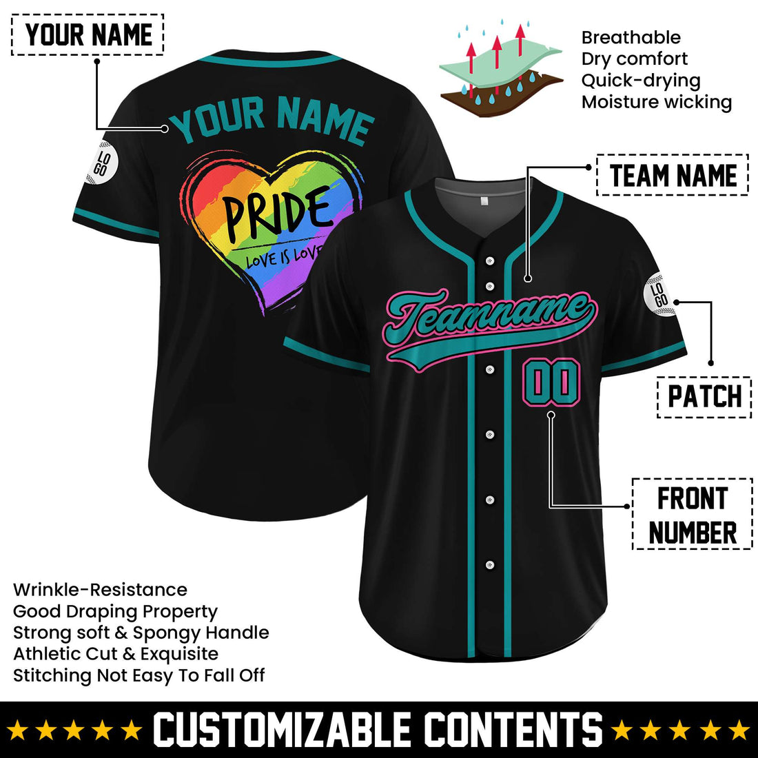 Custom Love Is Love Pride Rainbow Black Baseball Jersey