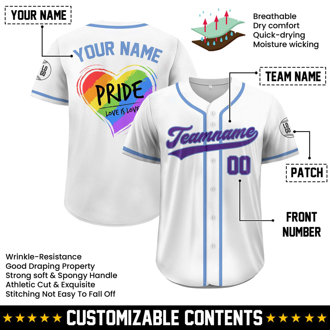 Custom Love Is Love Pride Rainbow White Baseball Jersey