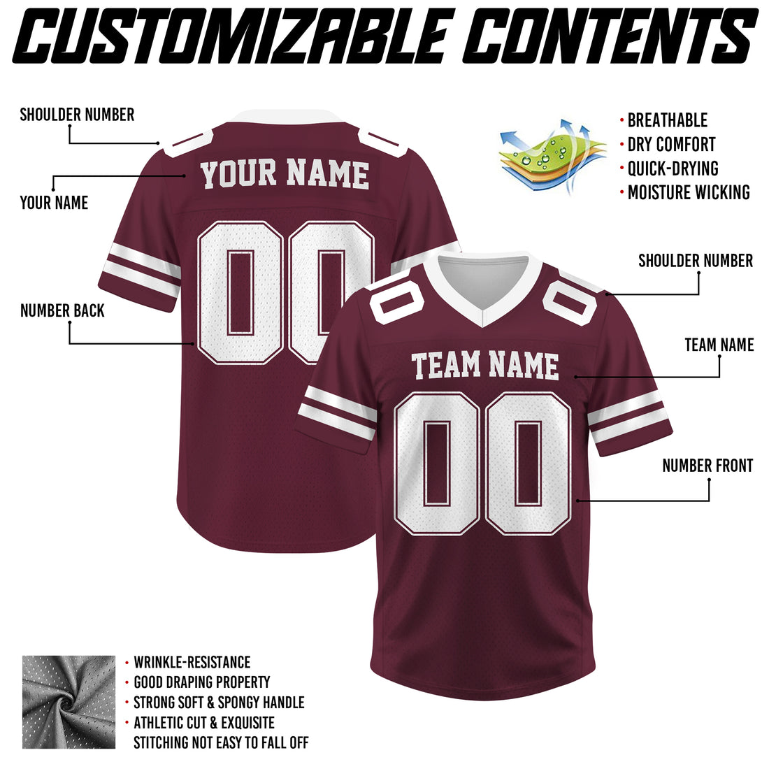 Custom Maroon Football Jersey, Personalized Name Number Logo Football Jersey for Men Women