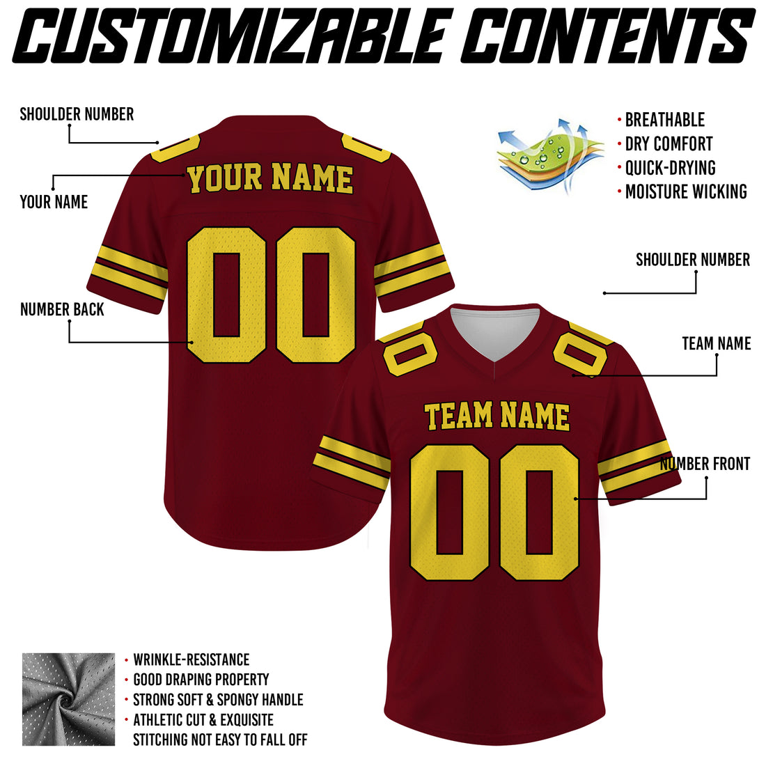 Custom Maroon Gold Football Jersey, Gift For Fan Football Team Shirt