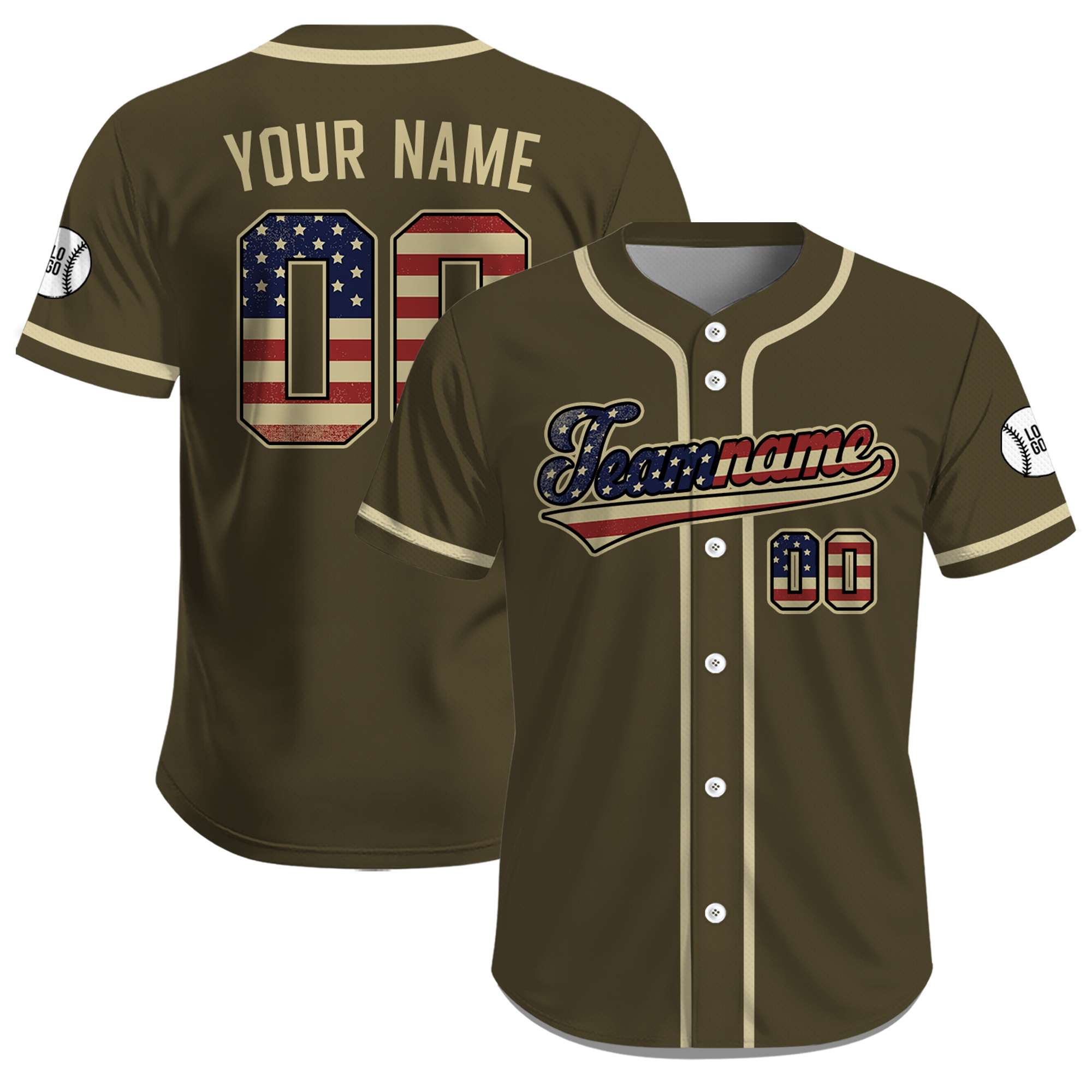 Custom Military Green USA Flag July 4th Baseball Jersey