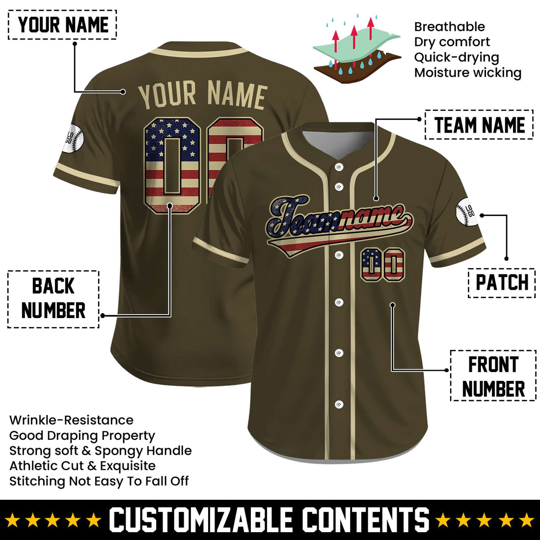 Custom Military Green USA Flag July 4th Baseball Jersey