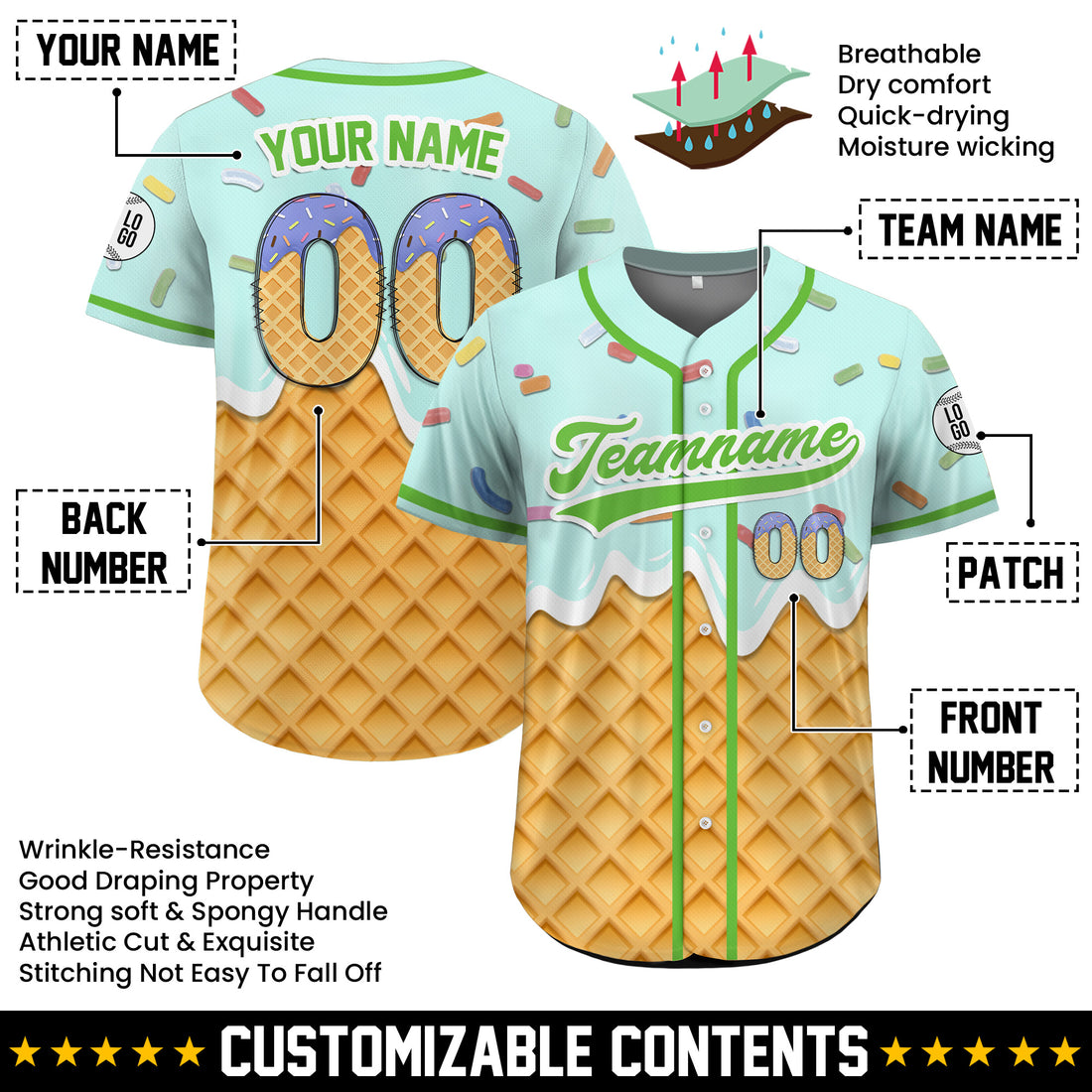 Custom Mint Drip Ice Cream Baseball Jersey