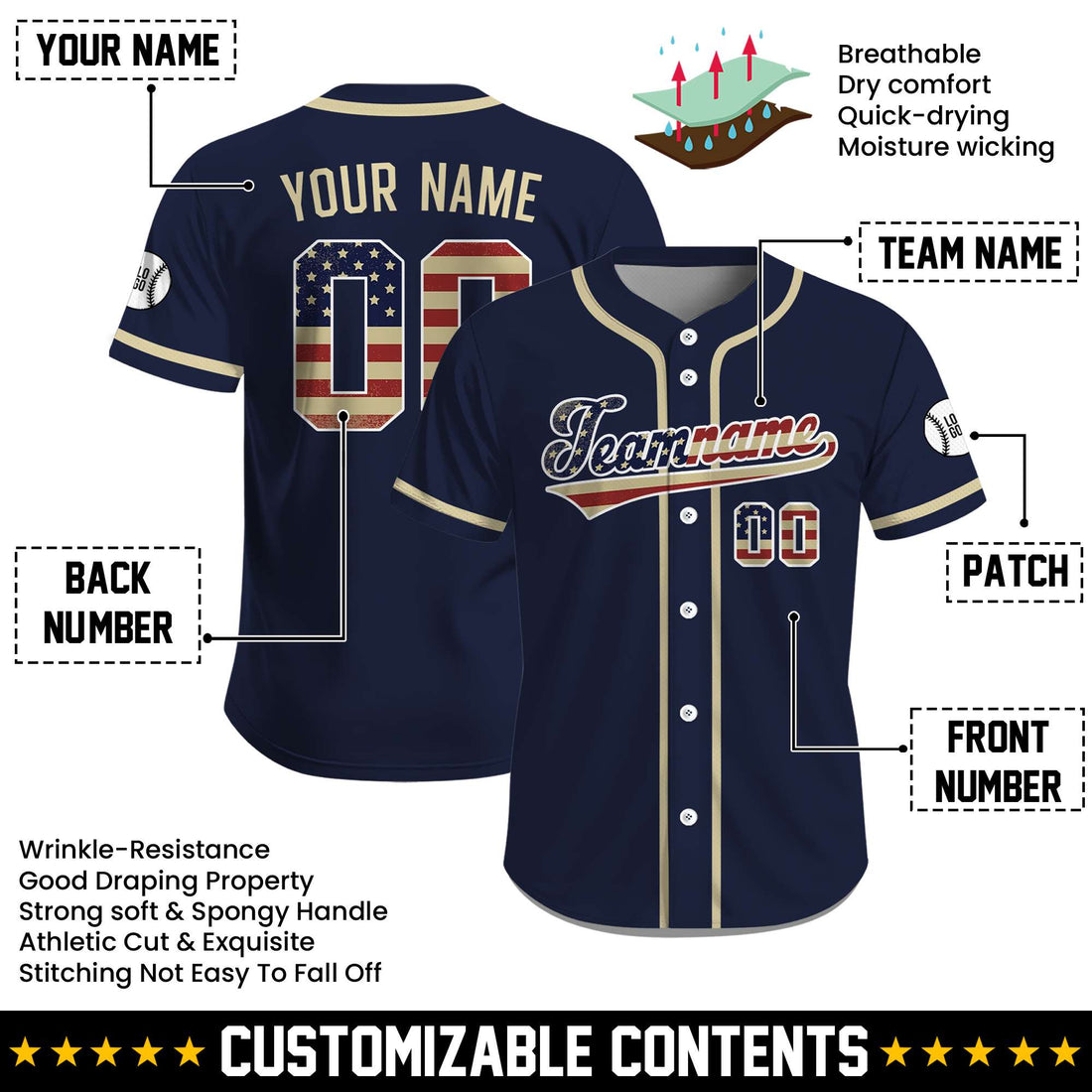Custom Navy Patriot USA Flag July 4th Baseball Jersey