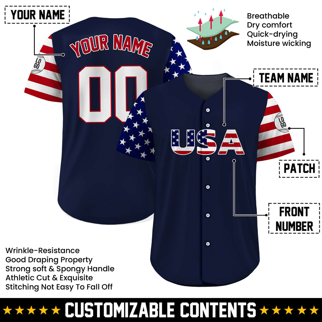 Custom Navy USA Pride Baseball Jersey