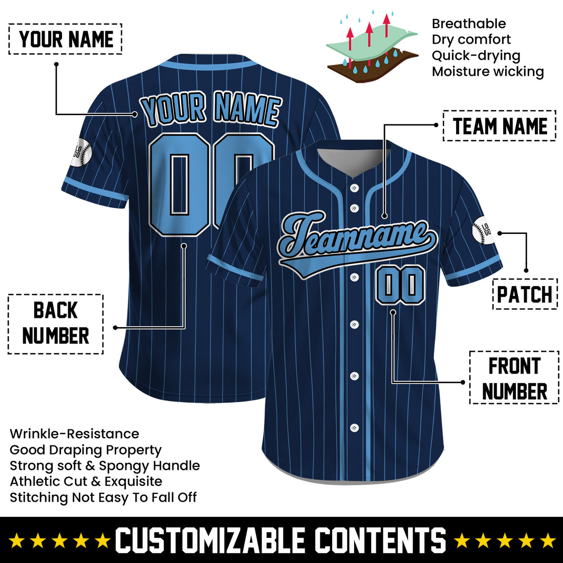 Custom Navy and Sky Blue Baseball Jersey, Pinstripe Baseball Button Down for Men Women Youth