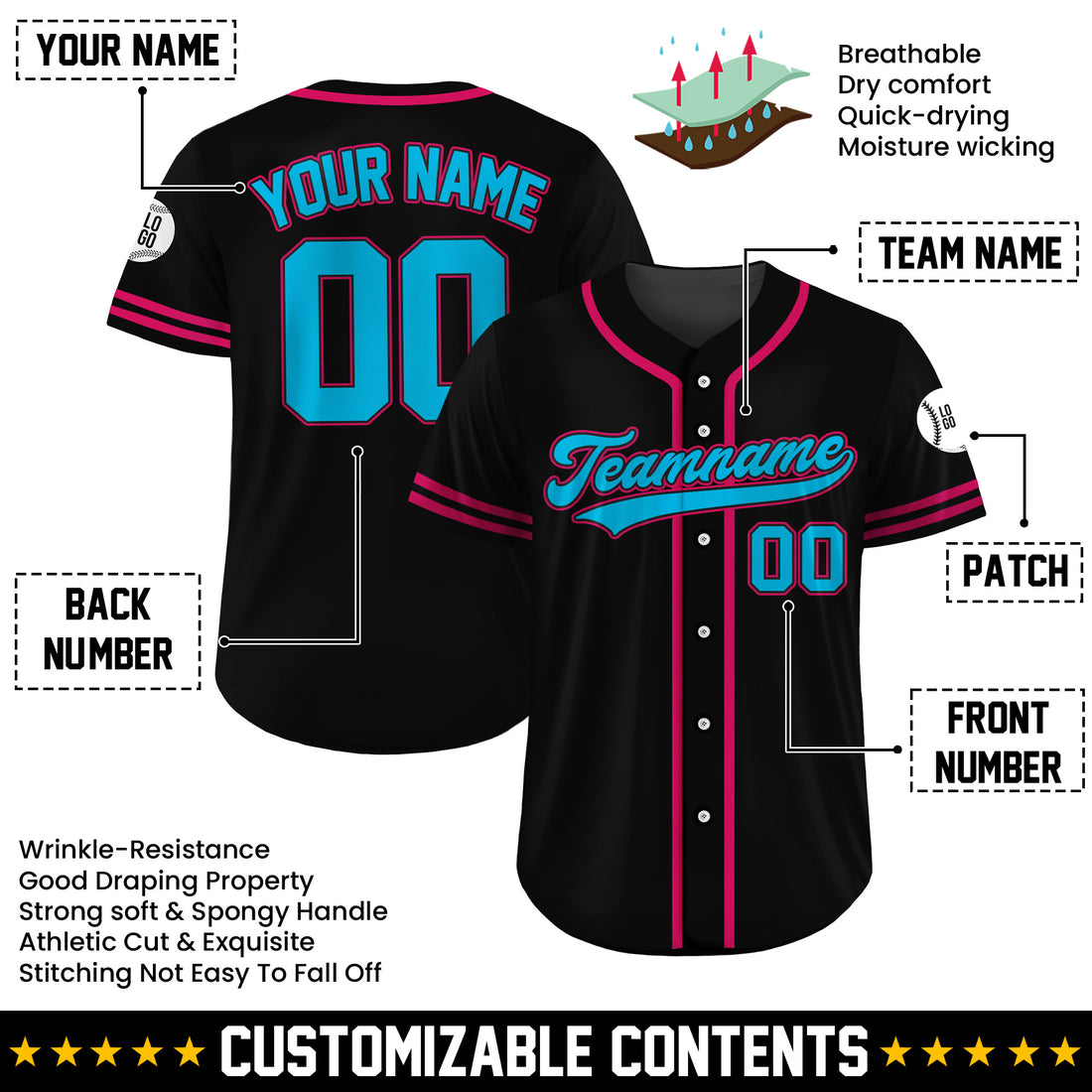 Custom Neon Vice Black Baseball Jersey