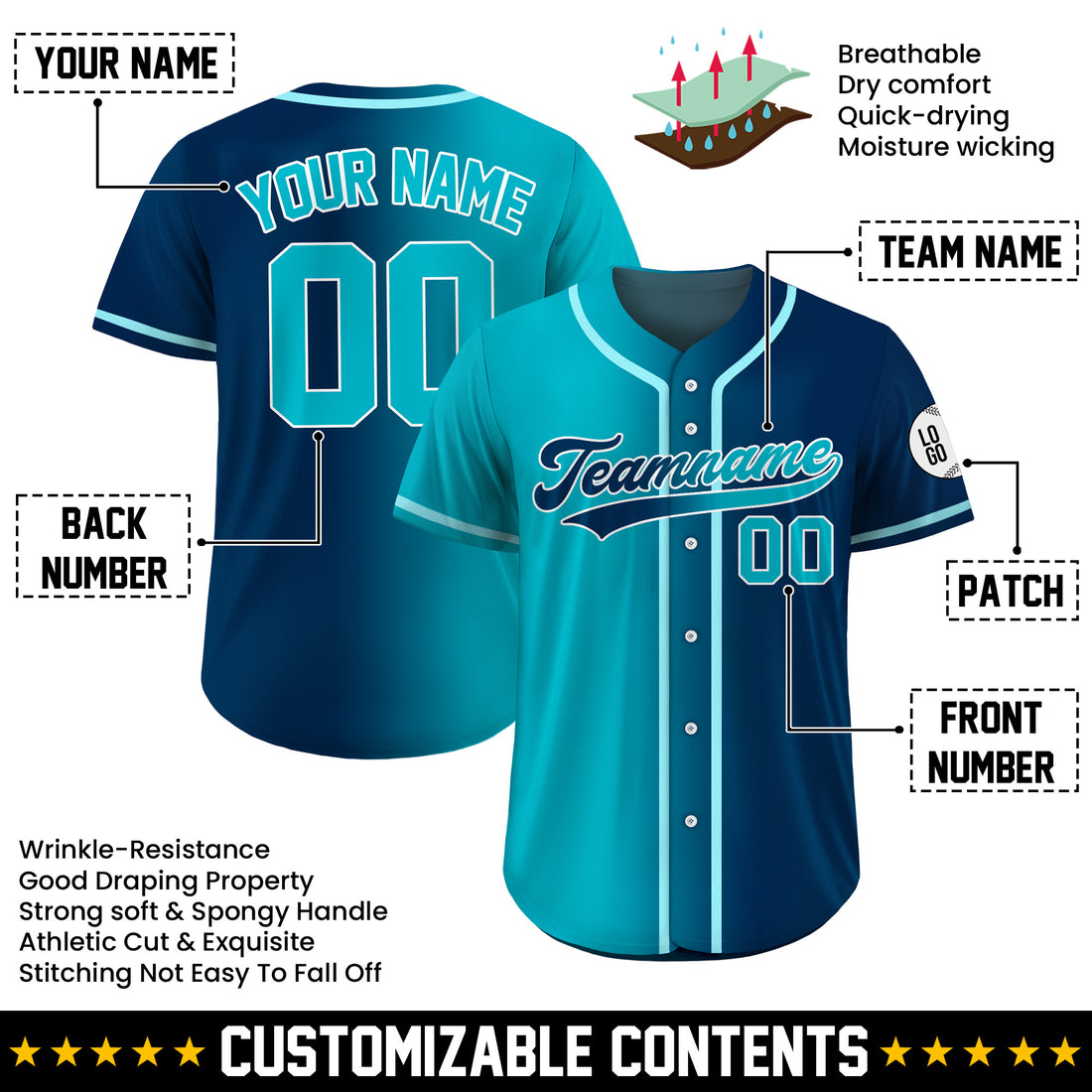 Custom Ocean Breeze Gradient Baseball Jersey