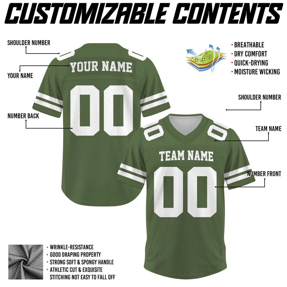 Custom Olive Green Football Jersey, Personalized Football Jersey Shirt For Adult Kid