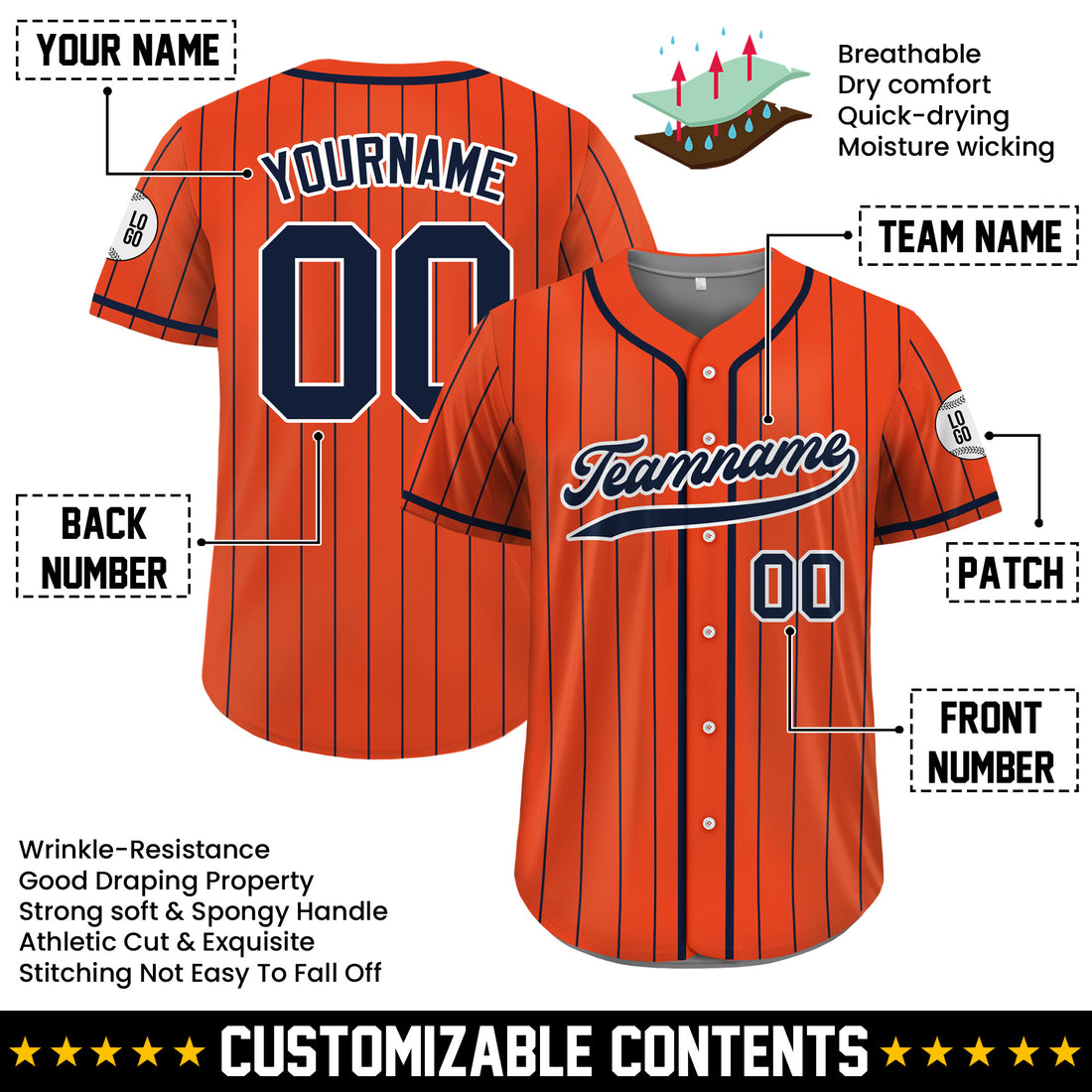 Custom Orange Navy Pinstripe Baseball Jersey