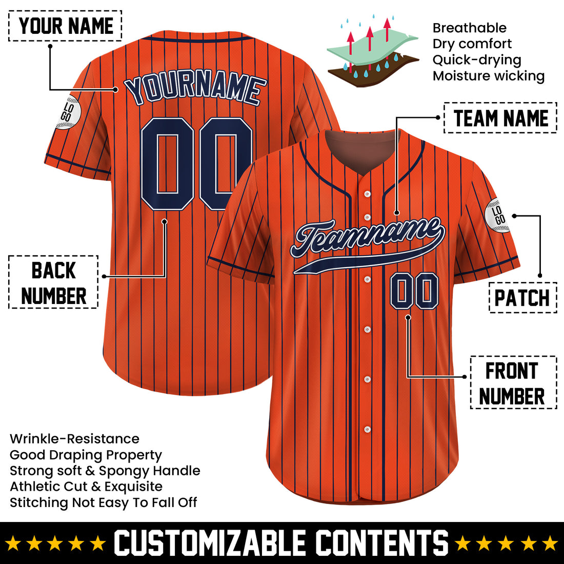 Custom Orange Navy Pinstripe Baseball Jersey