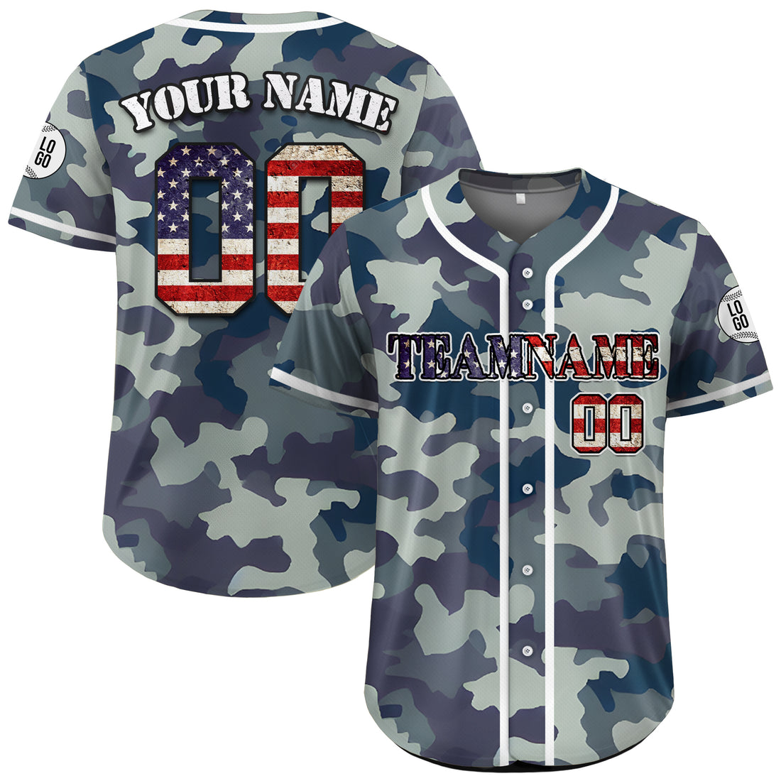 Custom Patriotic Blue Camo 4th of July Baseball Jersey