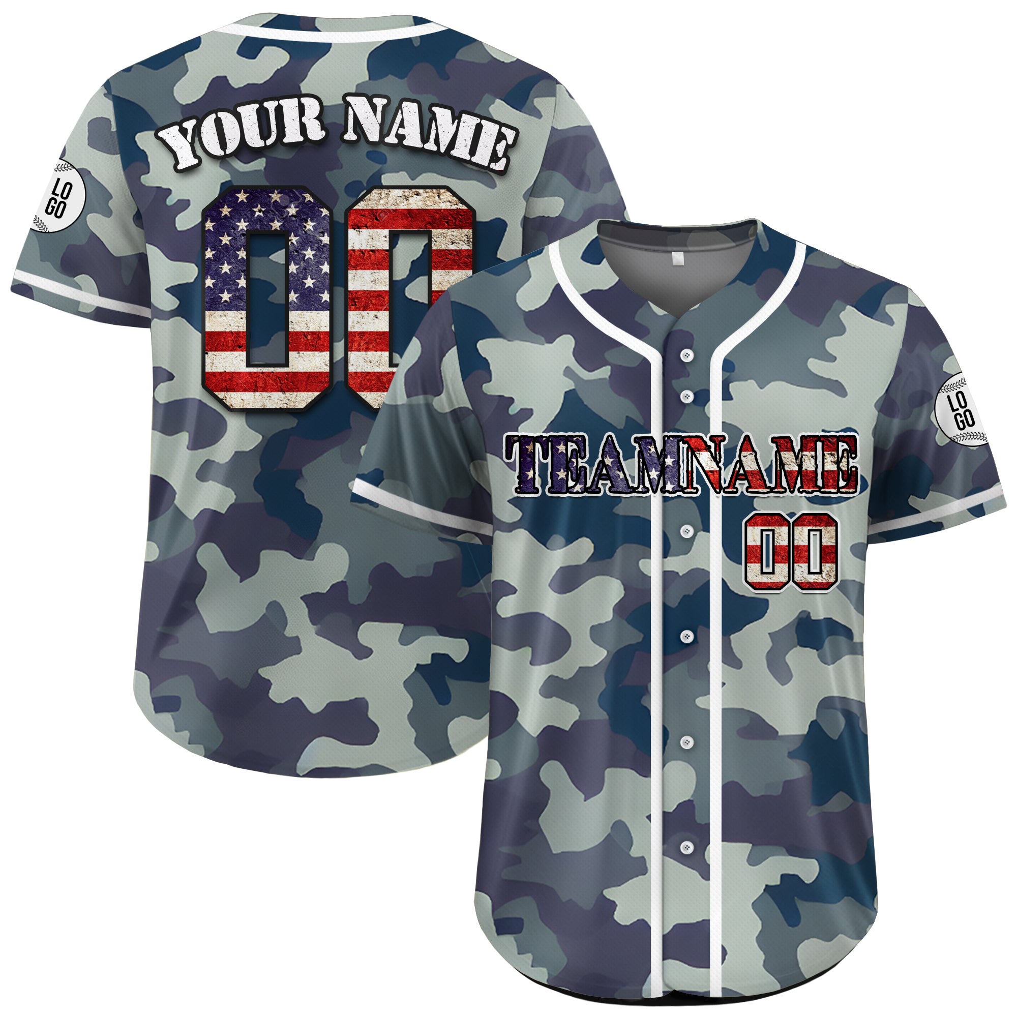 Custom Patriotic Blue Camo 4th of July Baseball Jersey