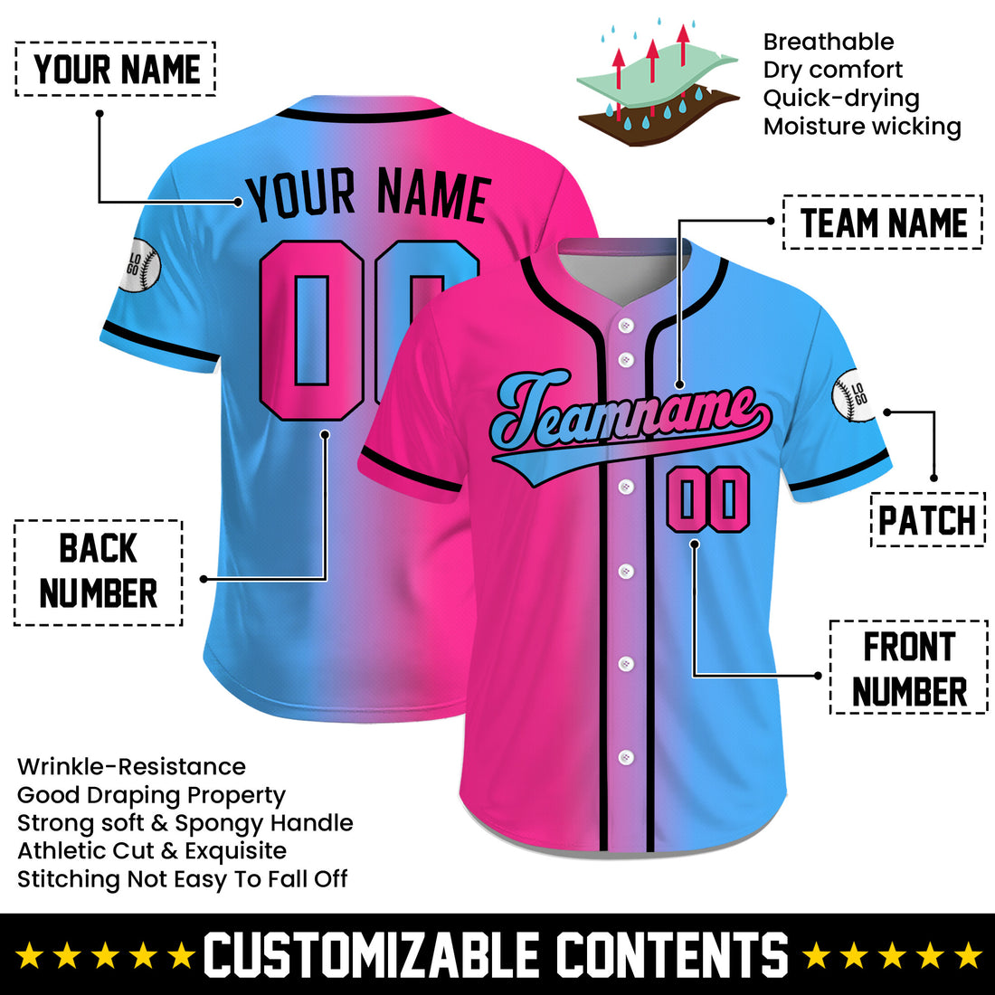 Custom Pink Blue Gradient Sports Baseball Jersey