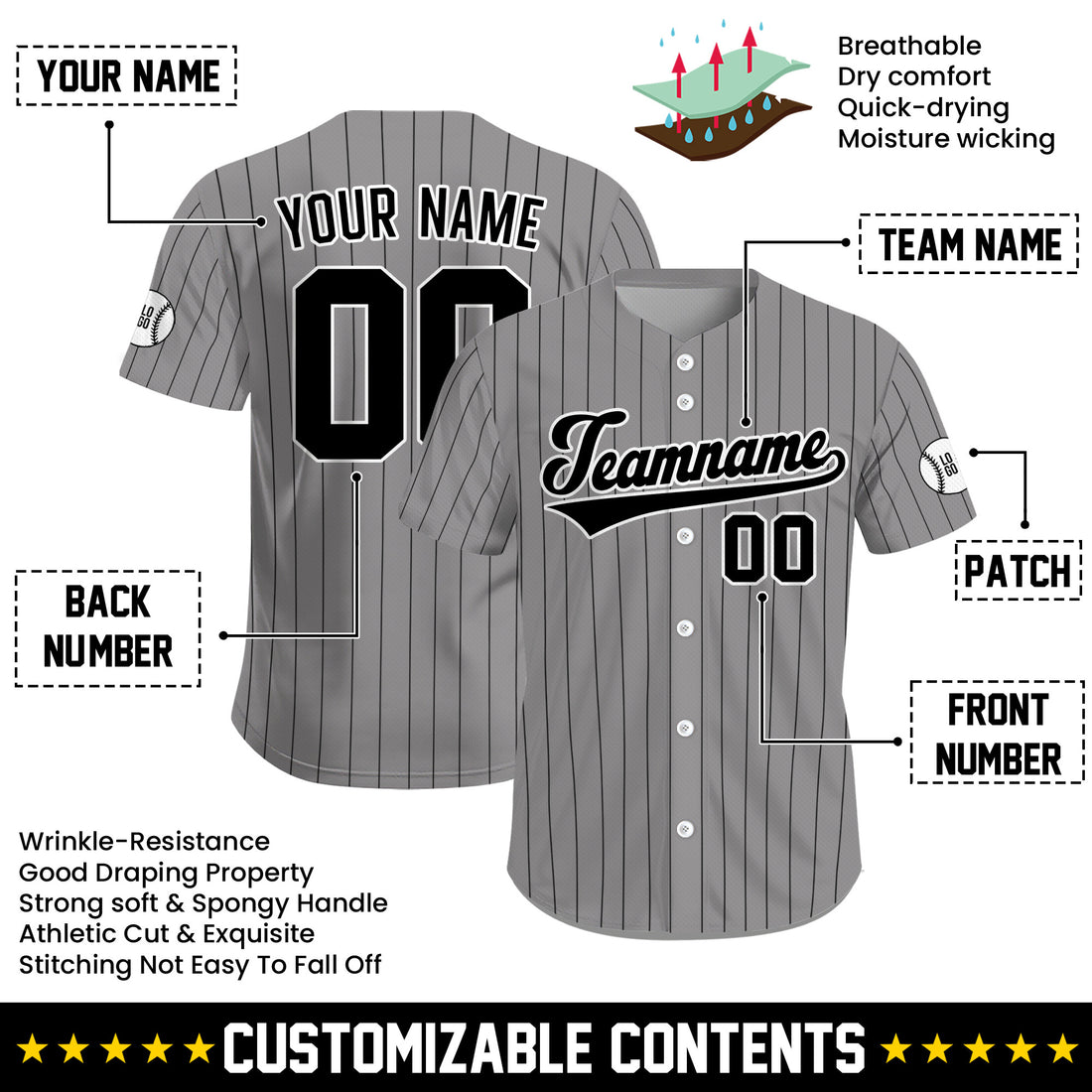 Custom Pinstripe Gray Black Team Baseball Jersey