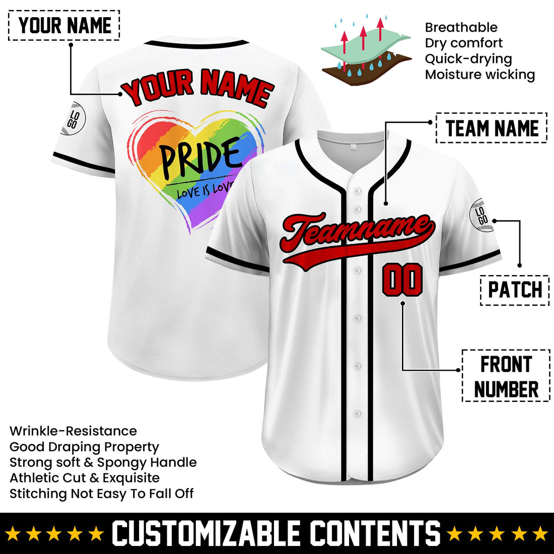 Custom Pride Heart Love Is Love White Red Baseball Jersey