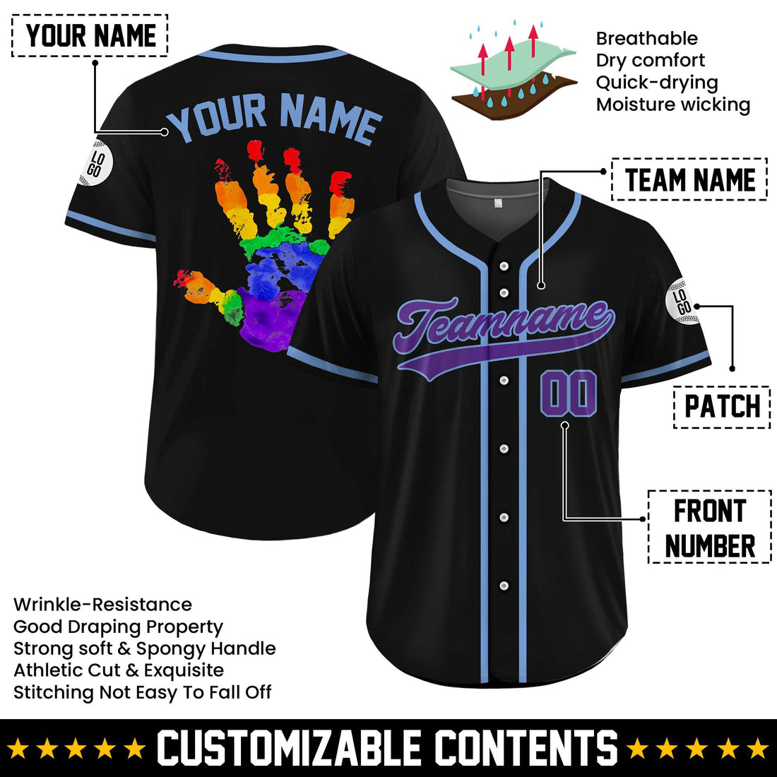 Custom Pride Rainbow Handprint Black Baseball Jersey