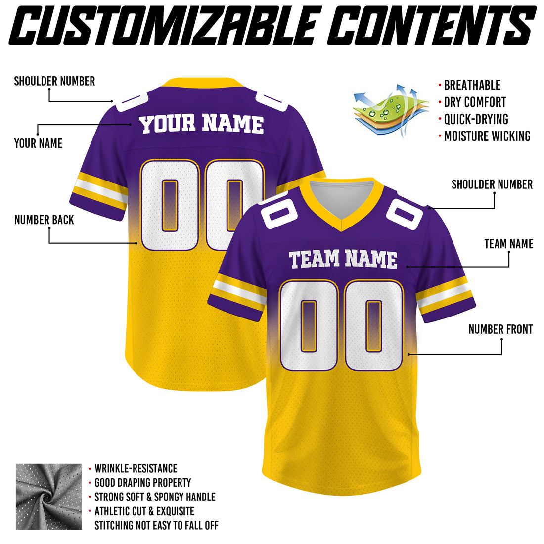 Custom Purple Gold Gradient Football Jersey, Personalized Team Name Number Football Jersey for Men Women Youth