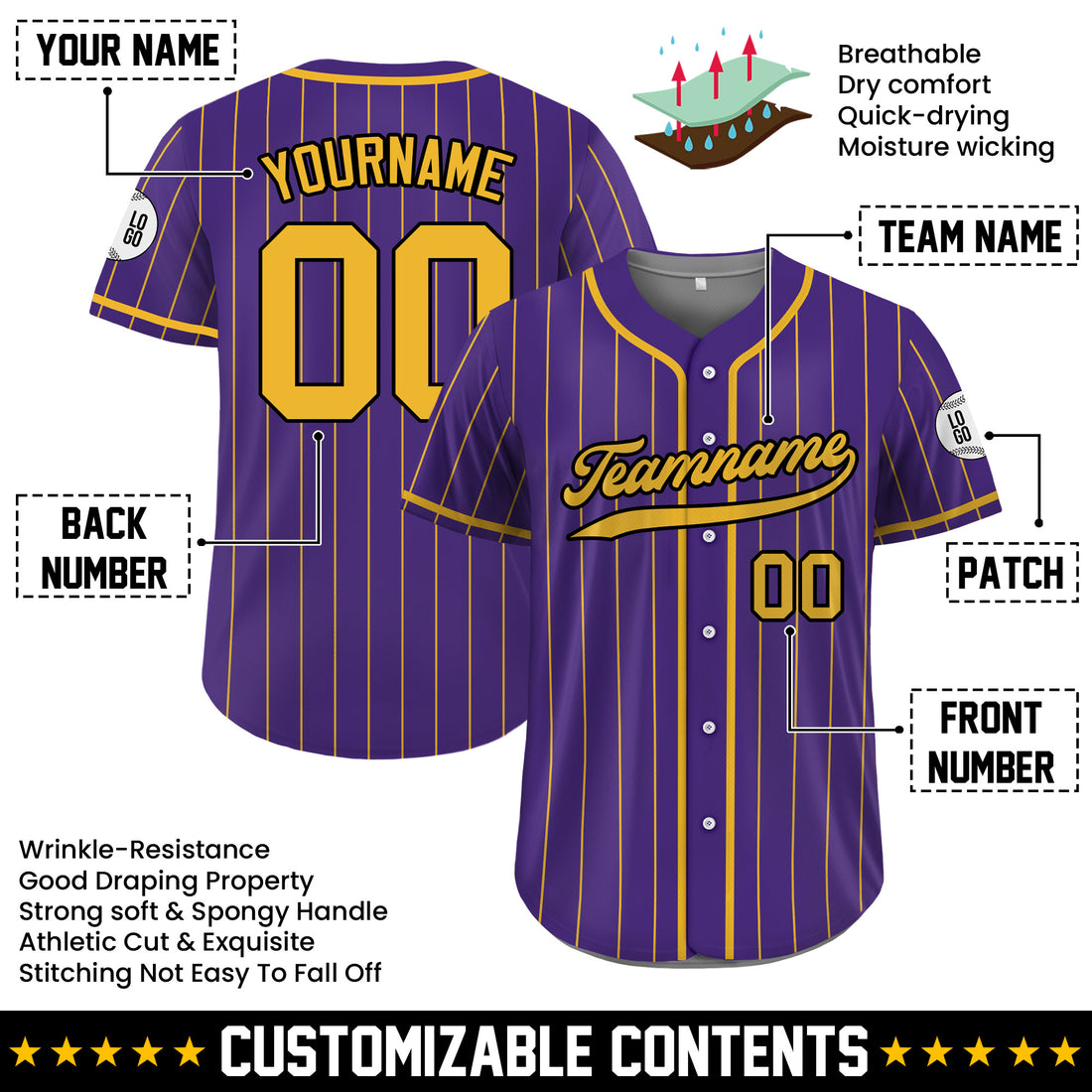 Custom Purple Gold Striped Baseball Jersey