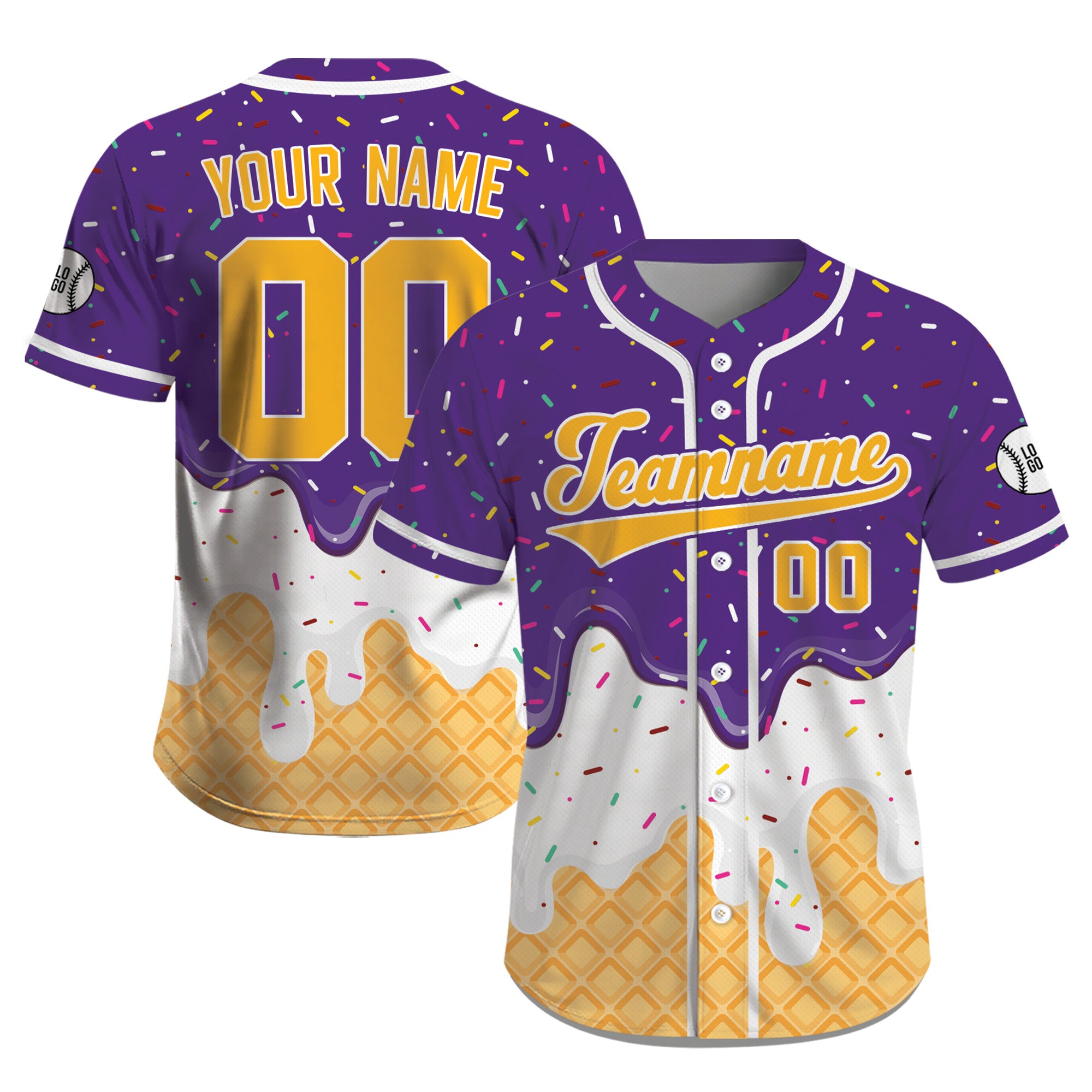 Custom Purple Yellow Ice Cream Drip Baseball Jersey