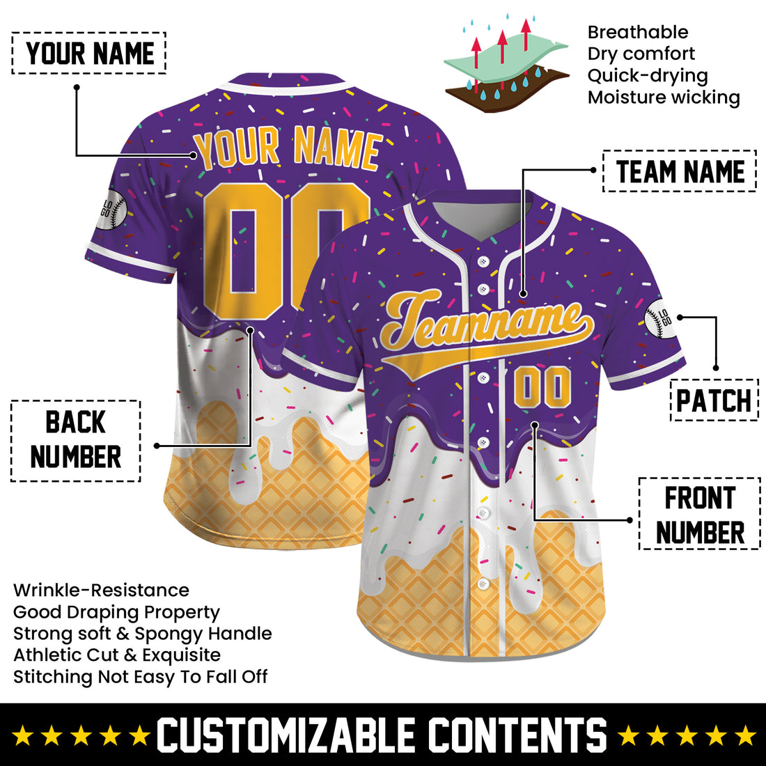 Custom Purple Yellow Ice Cream Drip Baseball Jersey
