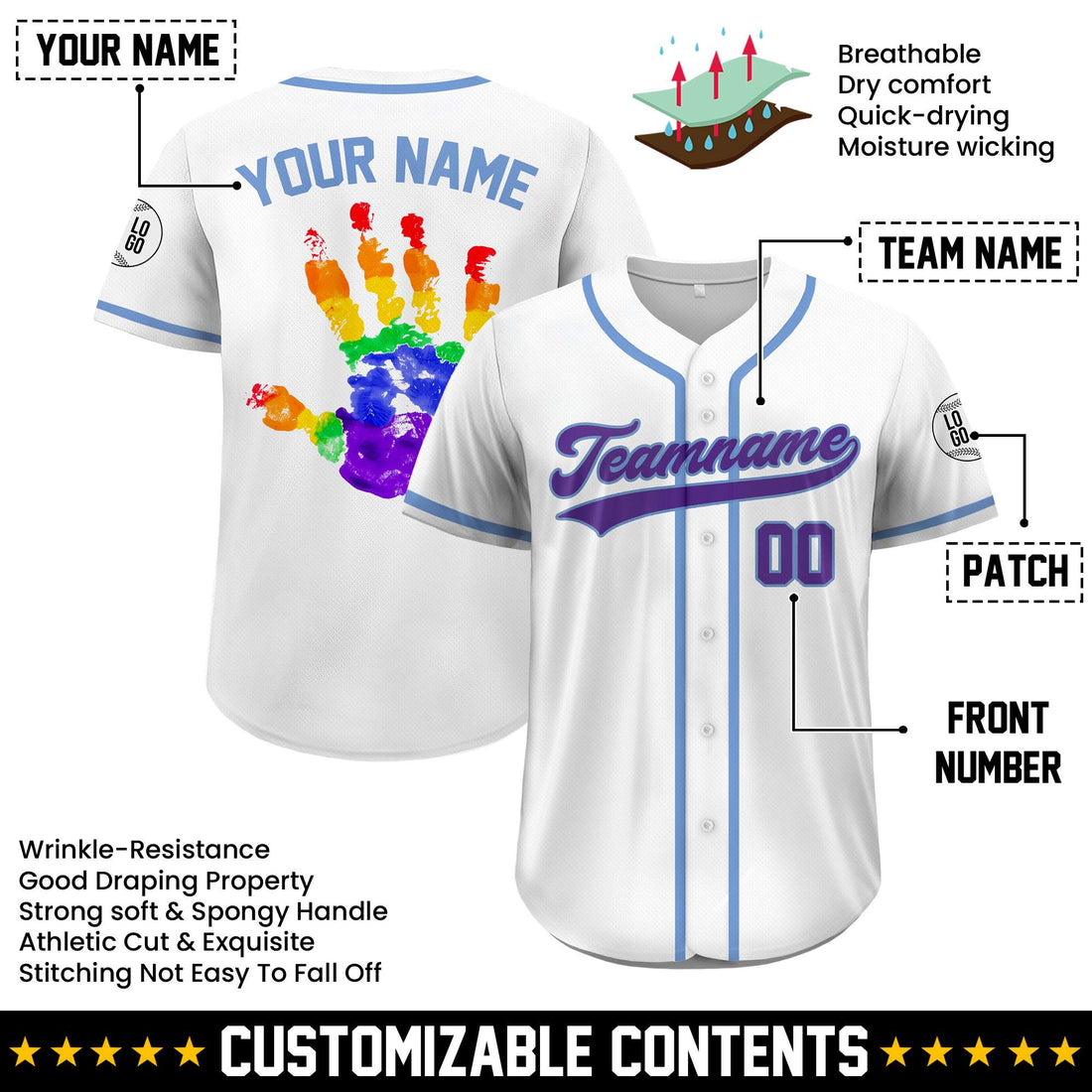 Custom Rainbow Handprint Pride White Pink Baseball Jersey