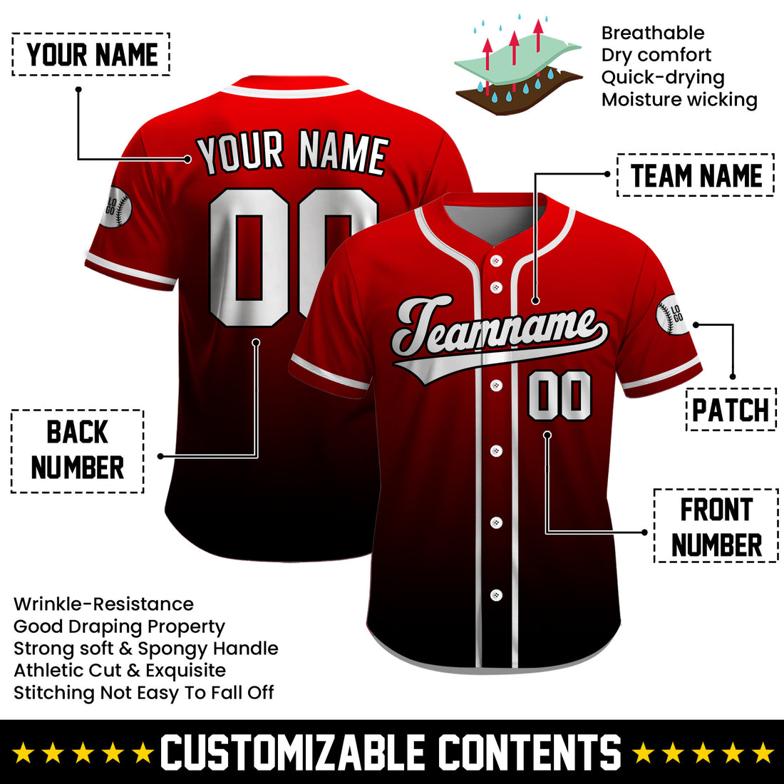 Custom Red Black Fade Baseball Shirt, Button Down Baseball Jersey with Name Number for All Ages