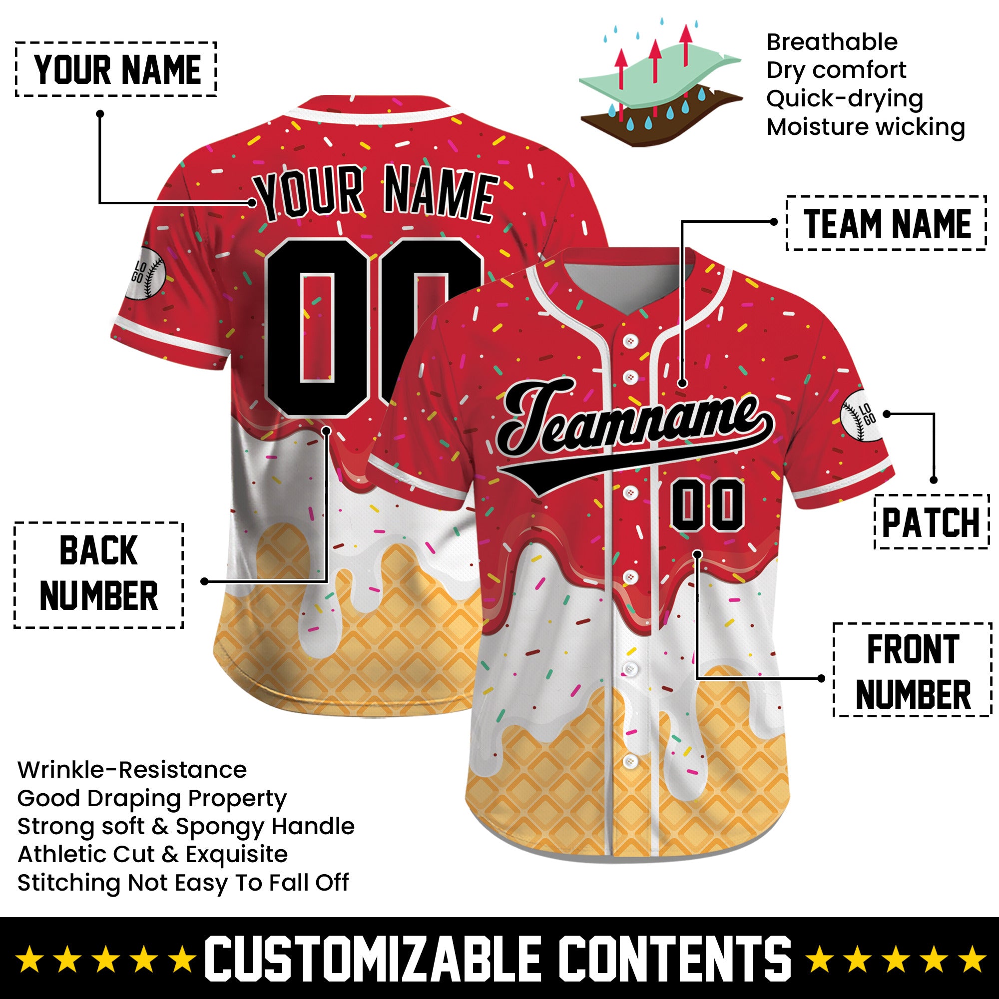 Custom Red Black Ice Cream Drip Baseball Jersey