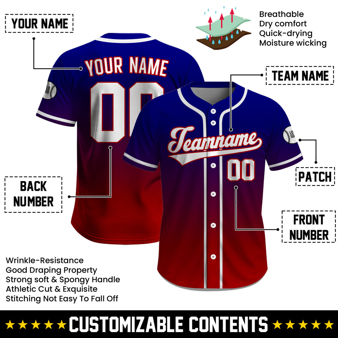 Custom Red Blue Gradient Baseball Jersey, Personalized Name Number Baseball Uniform for Men Women Youth
