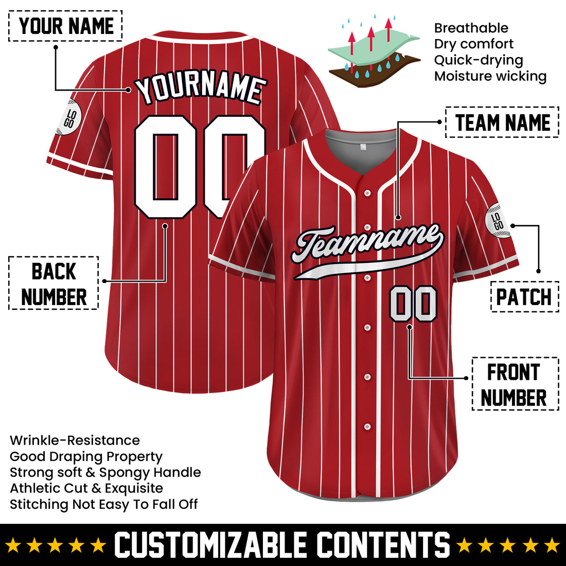 Custom Red White Pinstripe Baseball Jersey