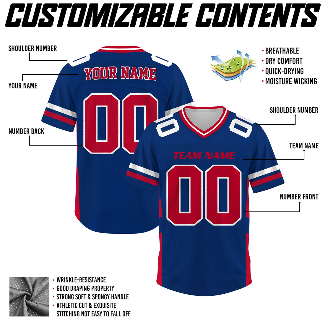 Custom Royal Blue Red Football Jersey, Personalized Concert Outfit Football Fan Tee