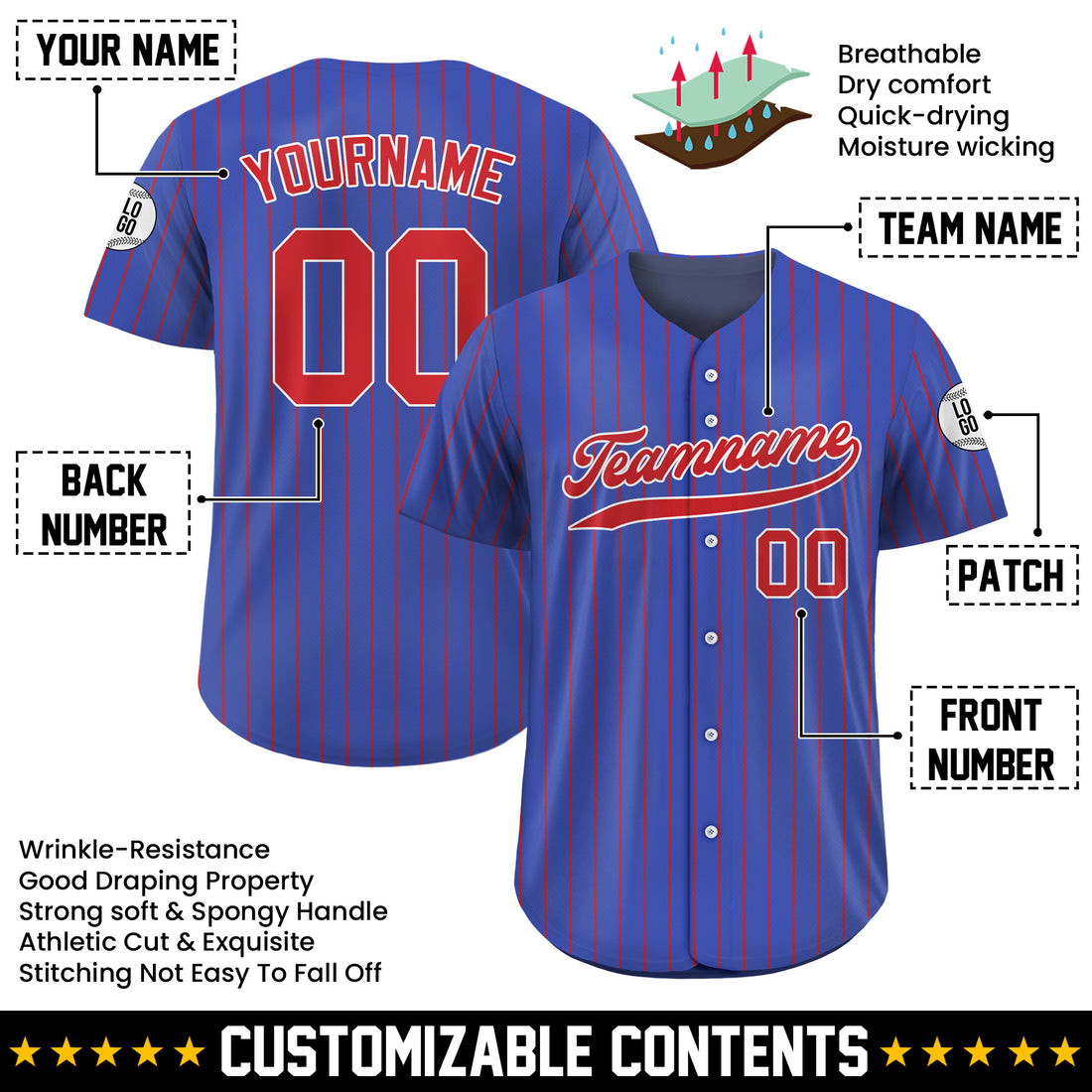 Custom Royal Blue Red Pinstripe Baseball Jersey, Gift for Baseball Fans
