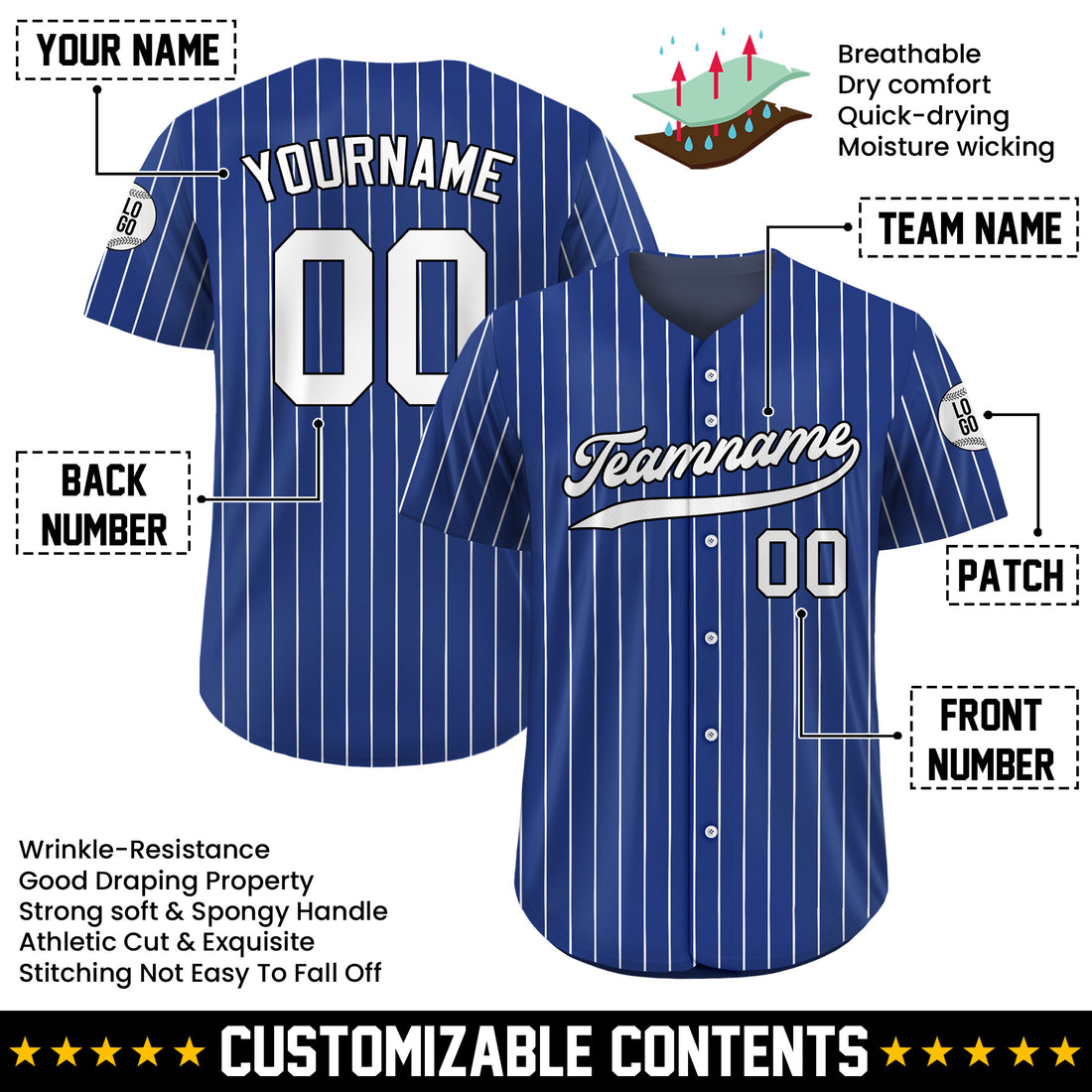 Custom Royal Blue White Pinstripe Baseball Jersey, Custom Jerseys Shirt for Men Women