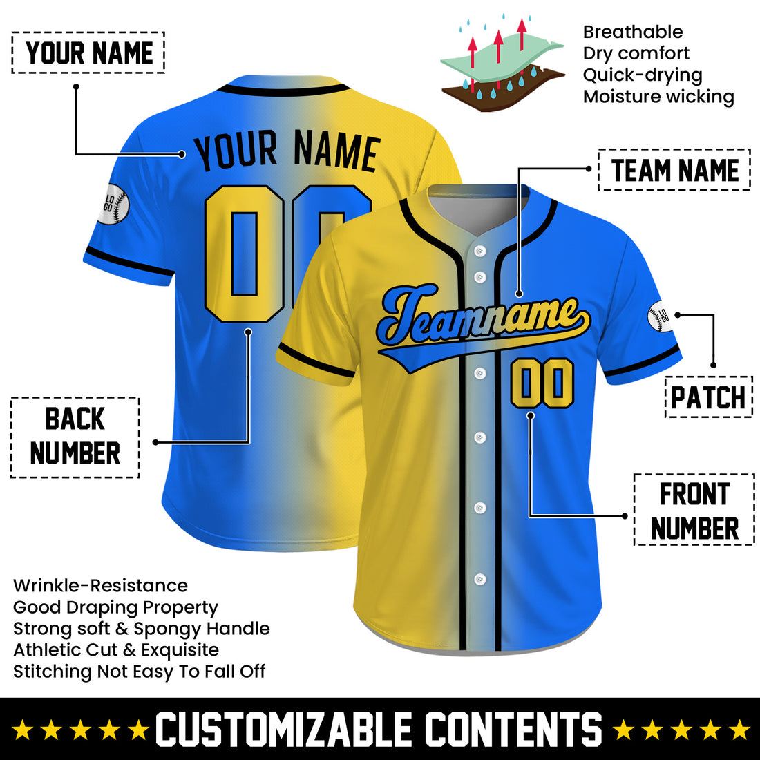 Custom Royal Blue Yellow Gradient Team Baseball Jersey