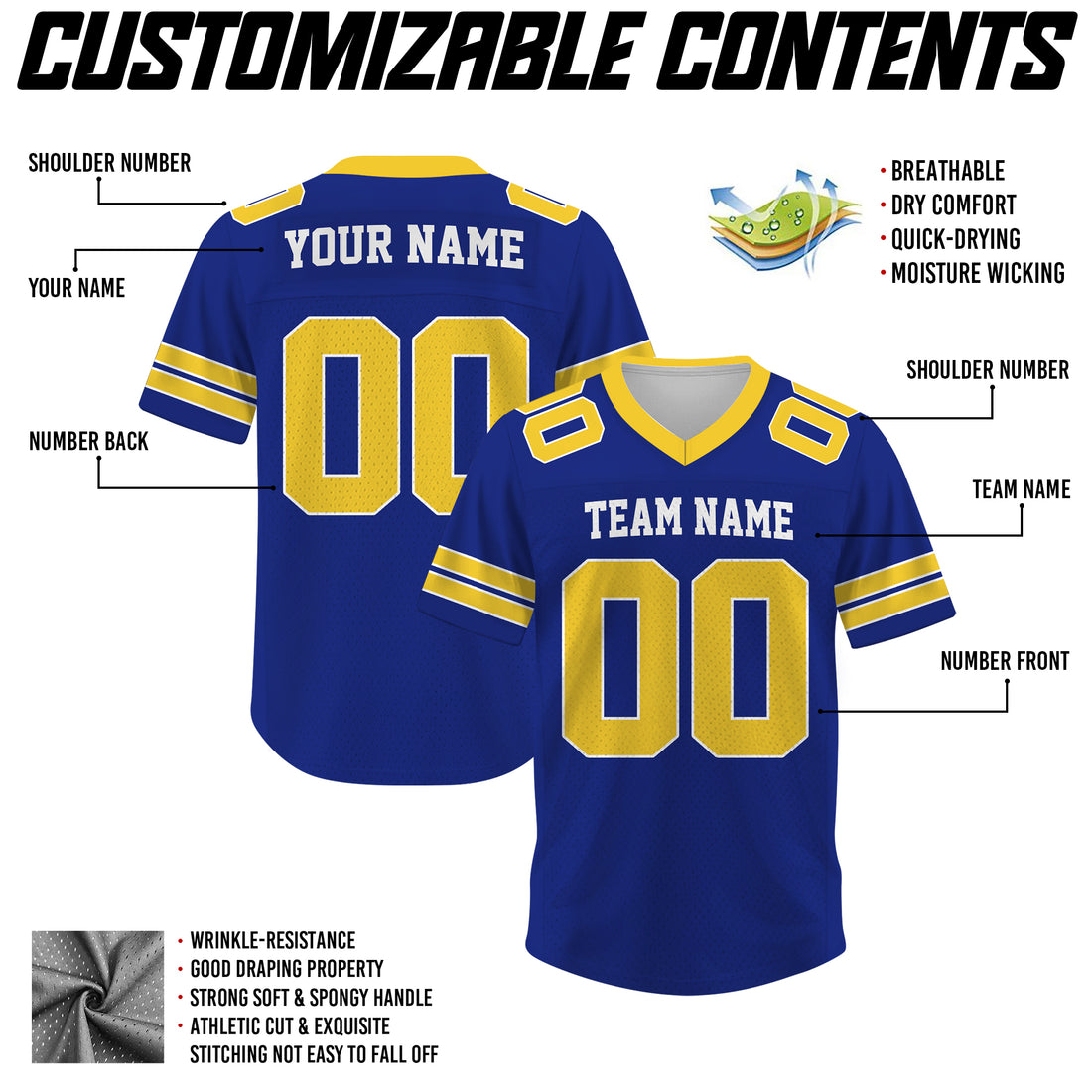 Custom Royal Blue and Gold Football Jersey, Gift For Fan Football Team Shirt