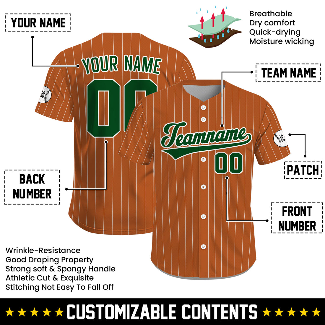 Custom Rust Orange Green Pinstripe Baseball Jersey