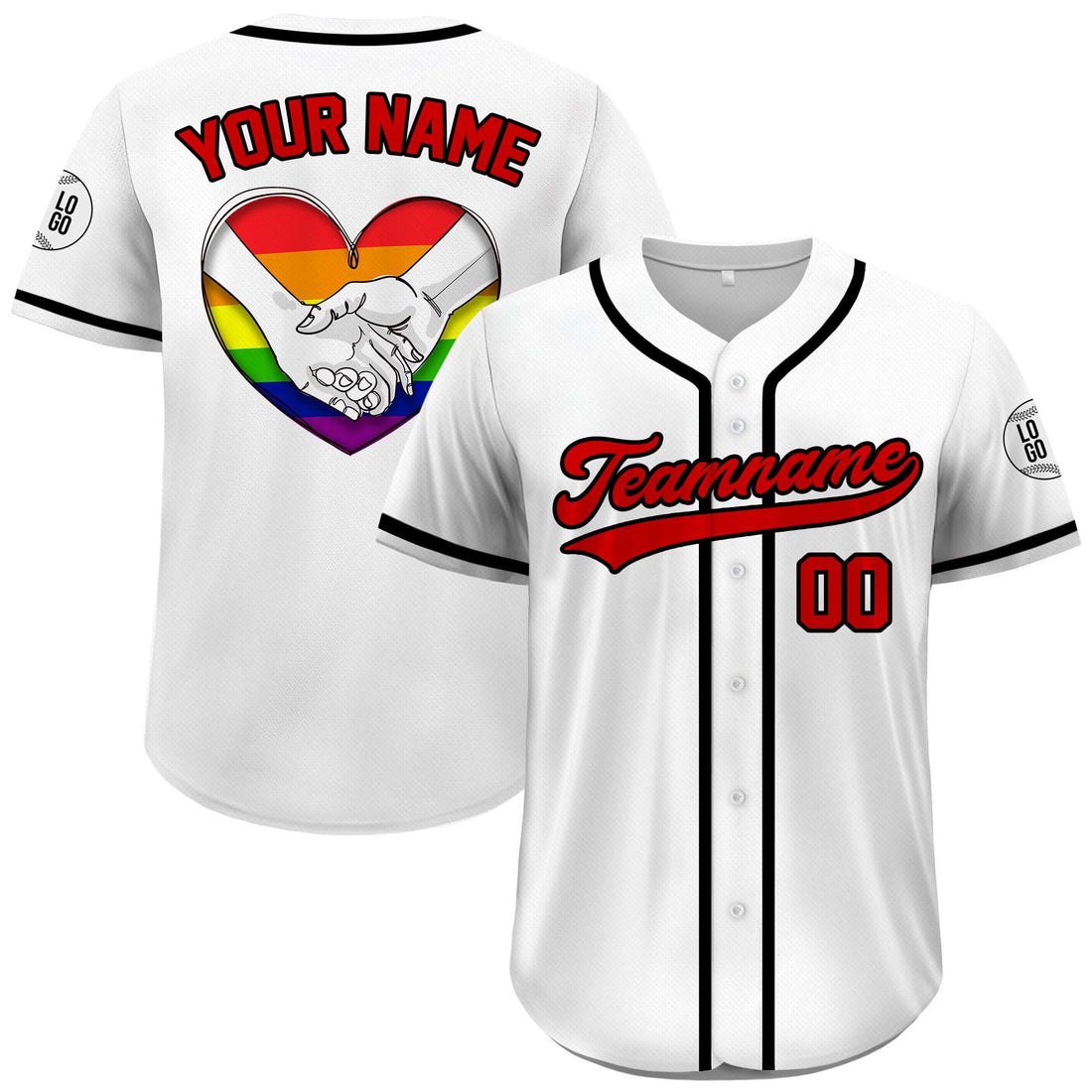 Custom Stand Together Rainbow Heart Pride White Red Baseball Jersey