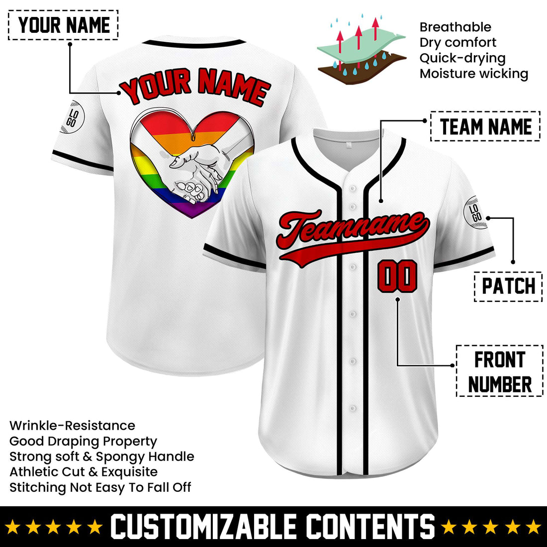 Custom Stand Together Rainbow Heart Pride White Red Baseball Jersey