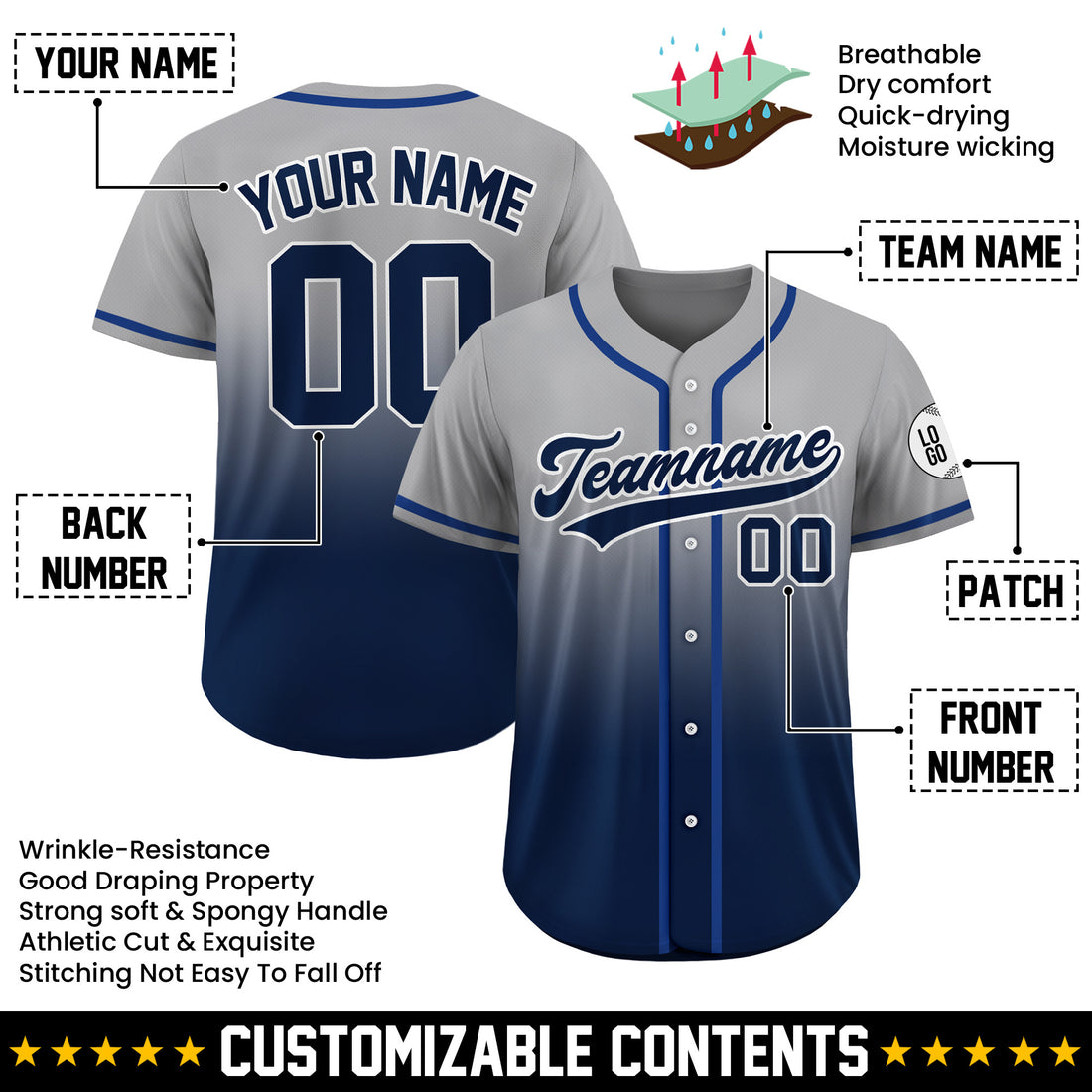 Custom Steel Navy Gradient Baseball Jersey