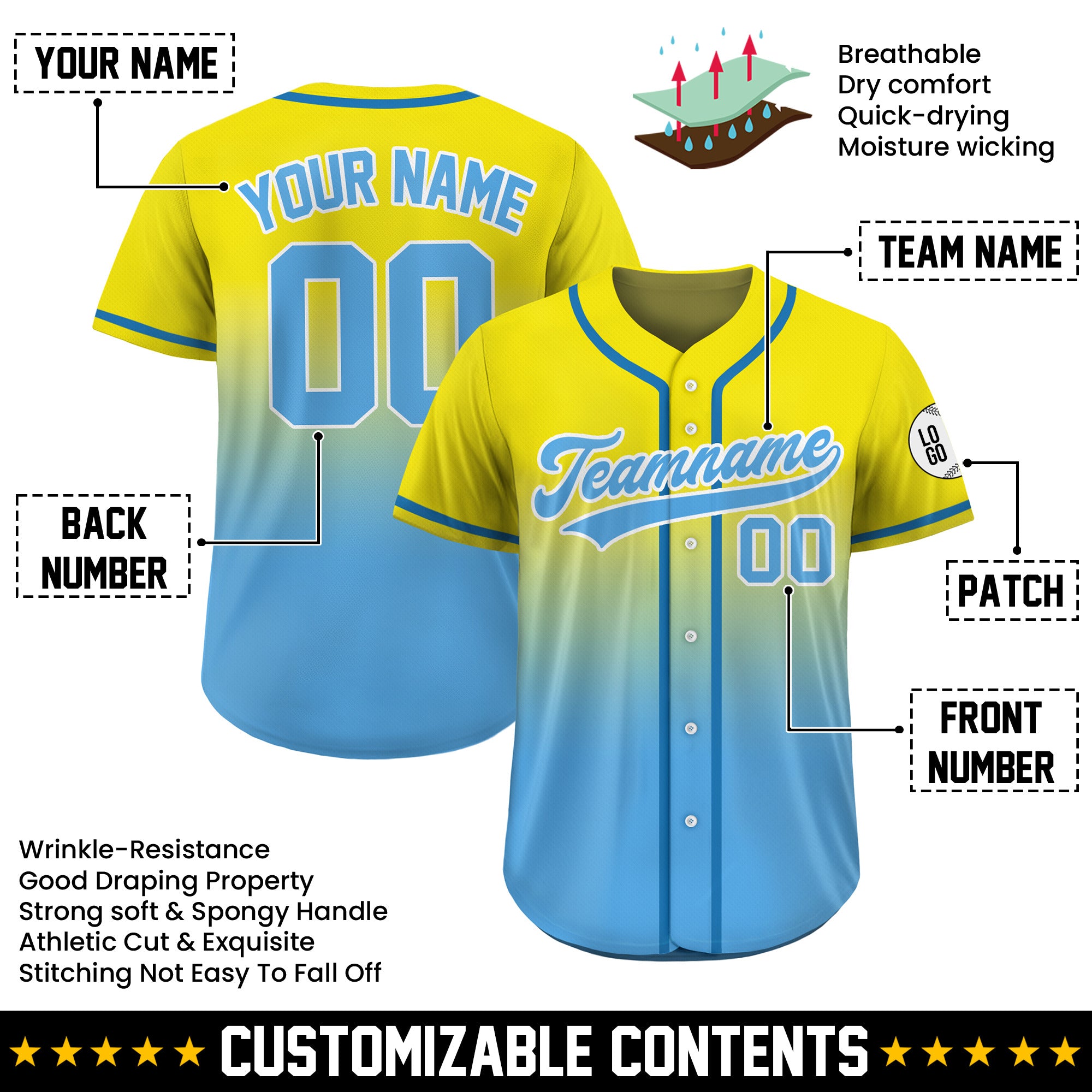 Custom Sunshine Sky Fade Gradient Baseball Jersey