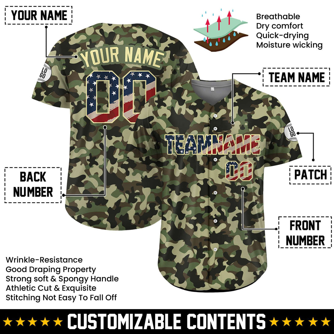 Custom USA Flag Camo Baseball Jersey