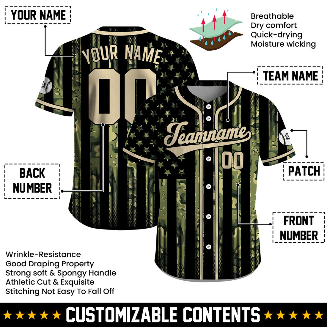 Custom USA Flag Camouflage Valor July 4th Jersey
