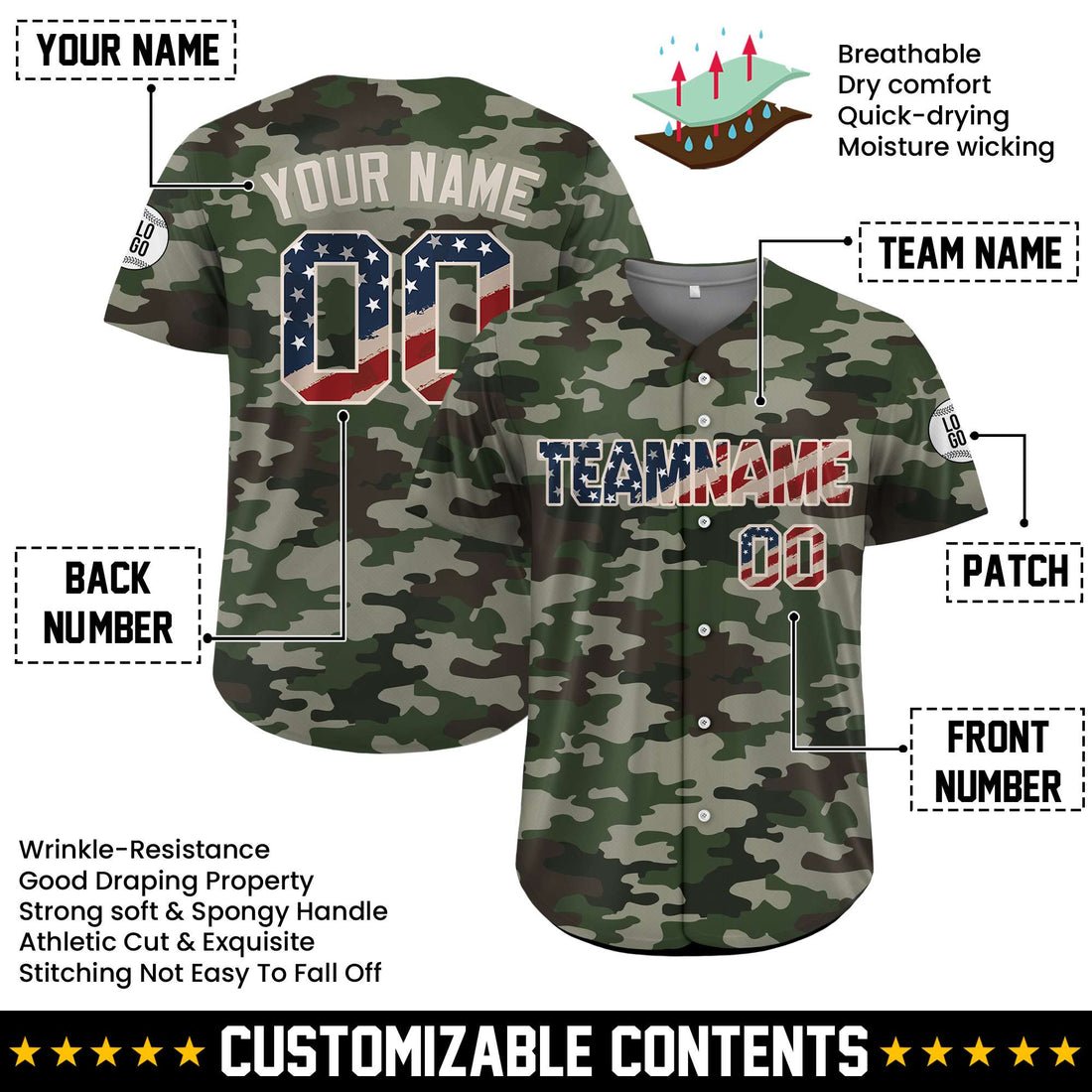 Custom USA Flag Design Camouflage Baseball Jersey