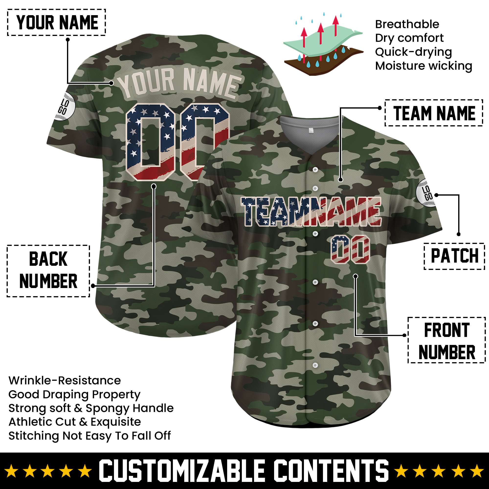 Custom USA Flag Design Camouflage Baseball Jersey