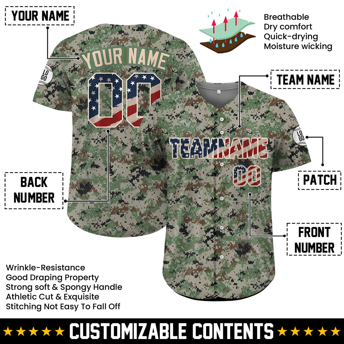 Custom USA Flag Digital Camo Baseball Jersey