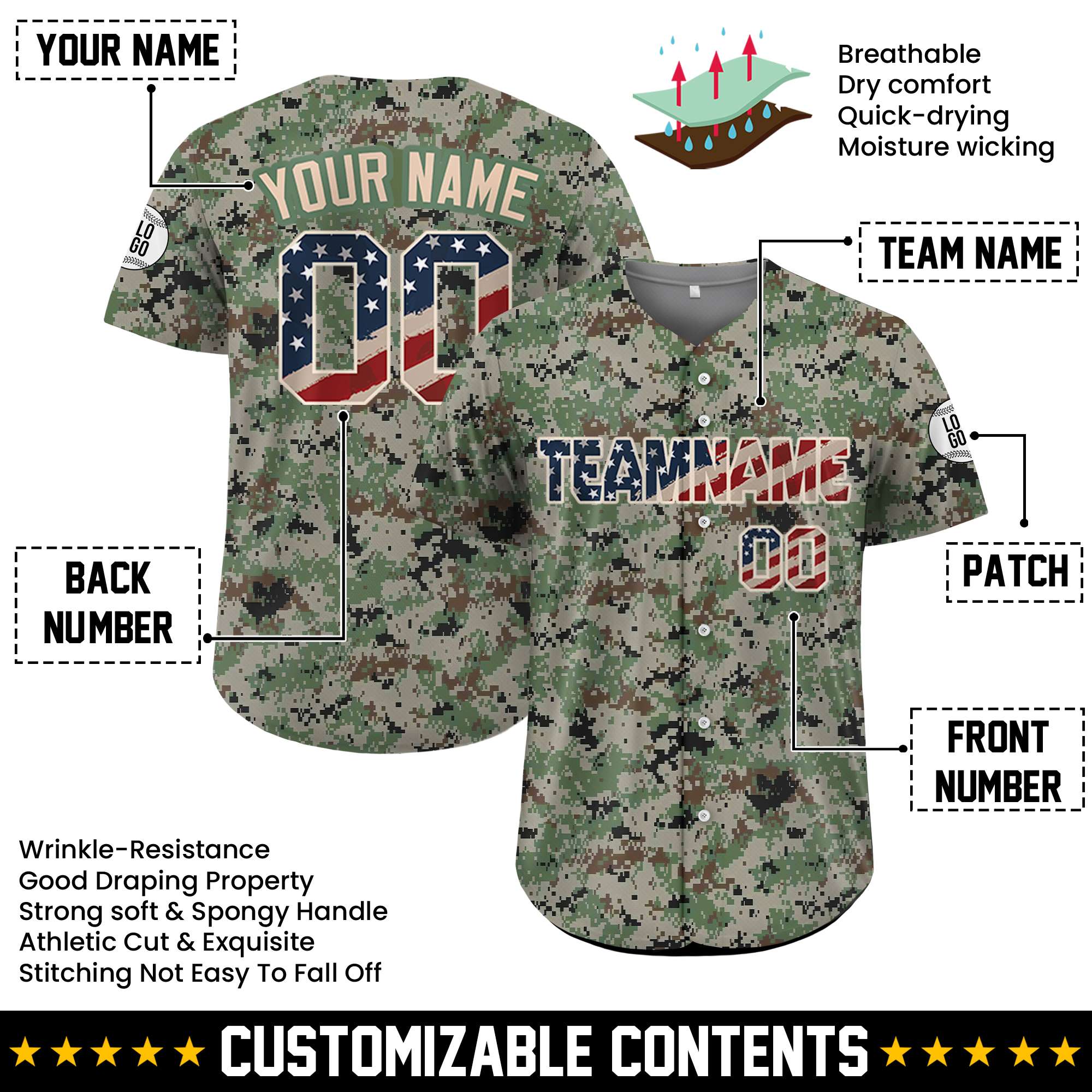 Custom USA Flag Digital Camo Baseball Jersey