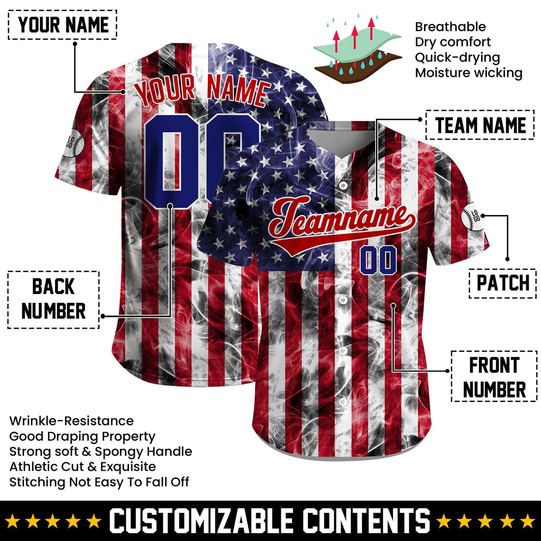 Custom USA Flag Freedom Flame July 4th Baseball Jersey